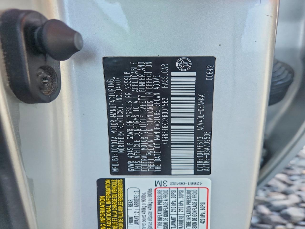 2007 Toyota Camry Le Silver vin: 4T4BE46K37R001562