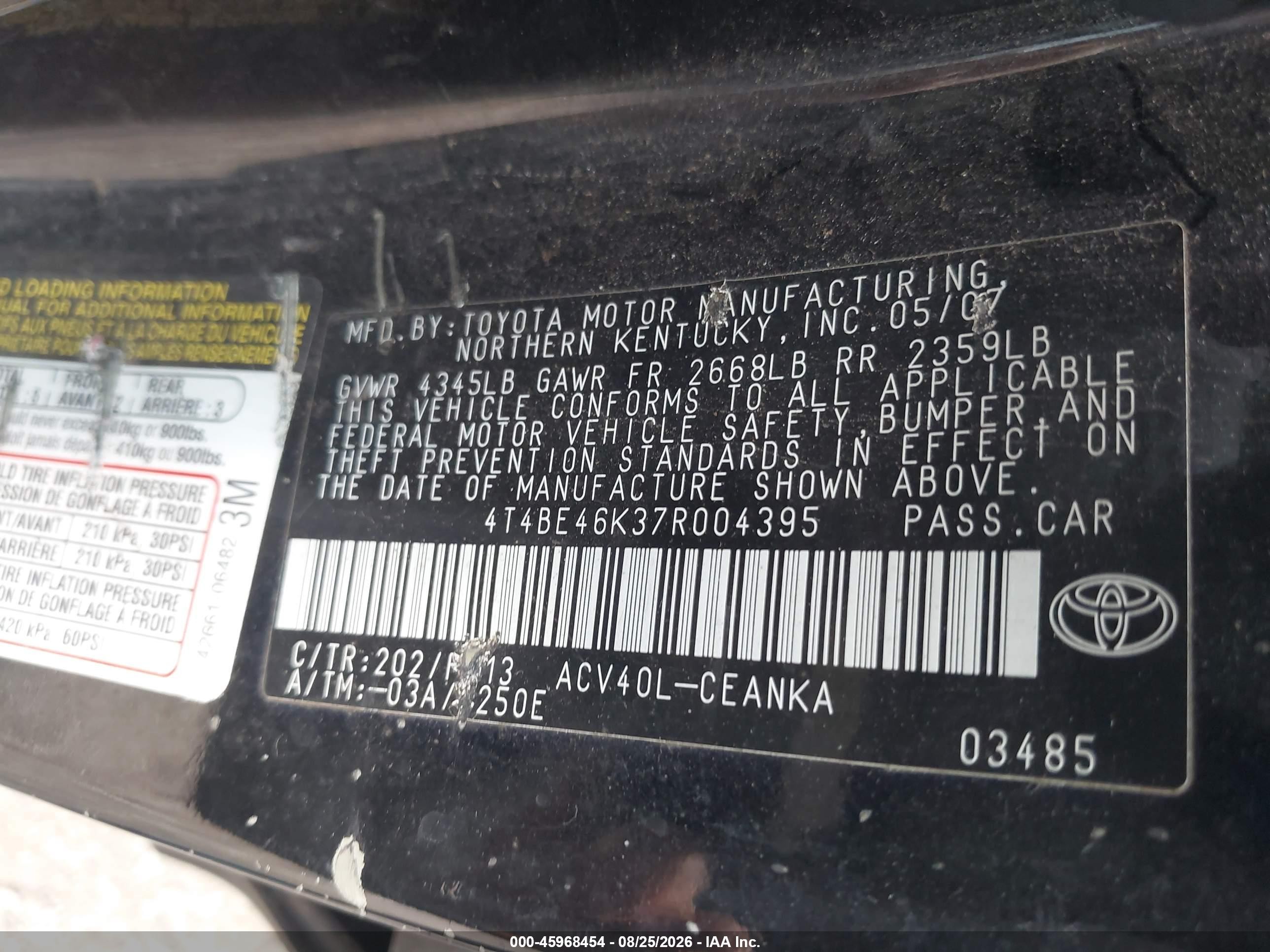 2007 Toyota Camry Le Black vin: 4T4BE46K37R004395