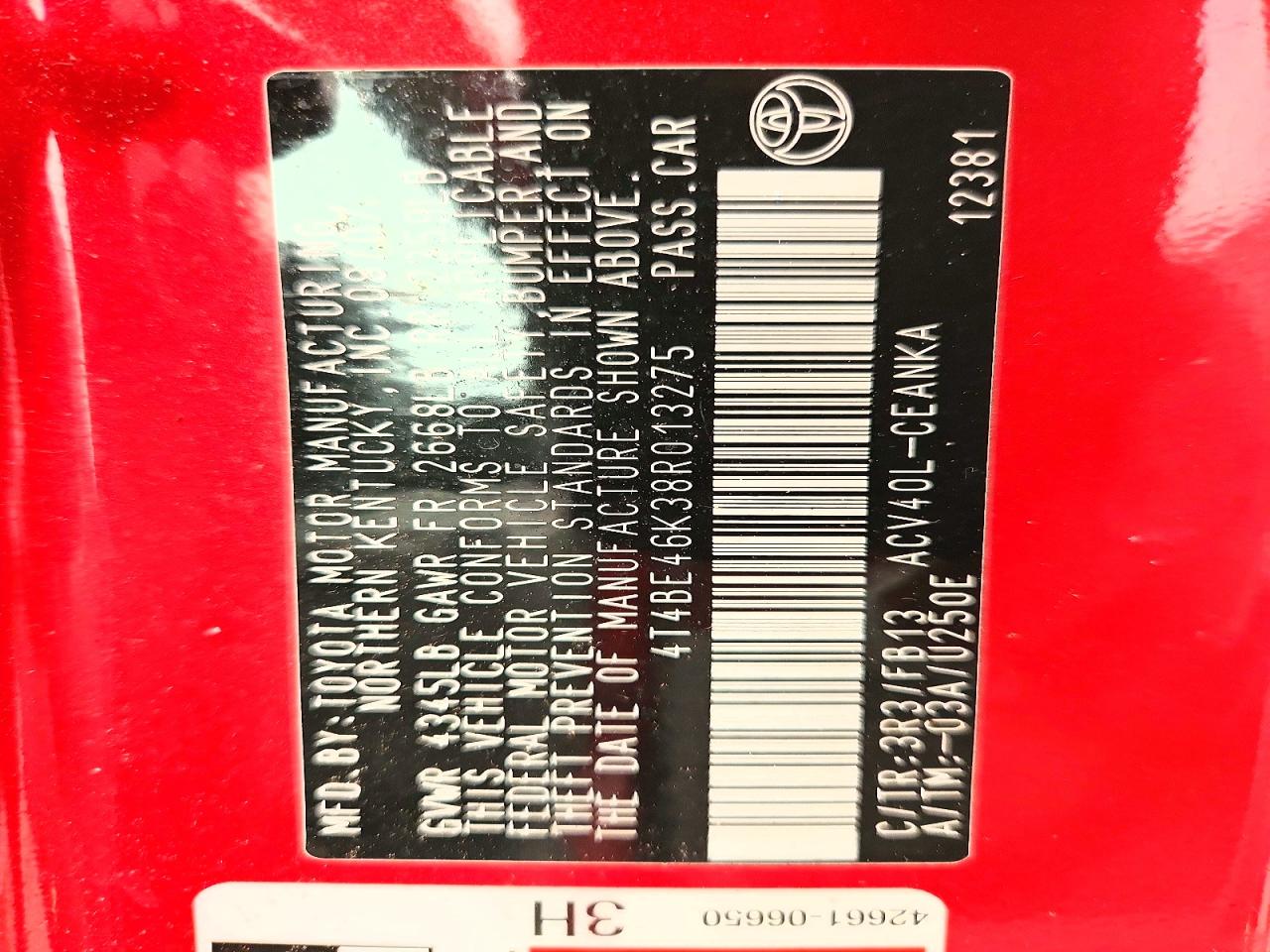 2008 Toyota Camry Le Red vin: 4T4BE46K38R013275