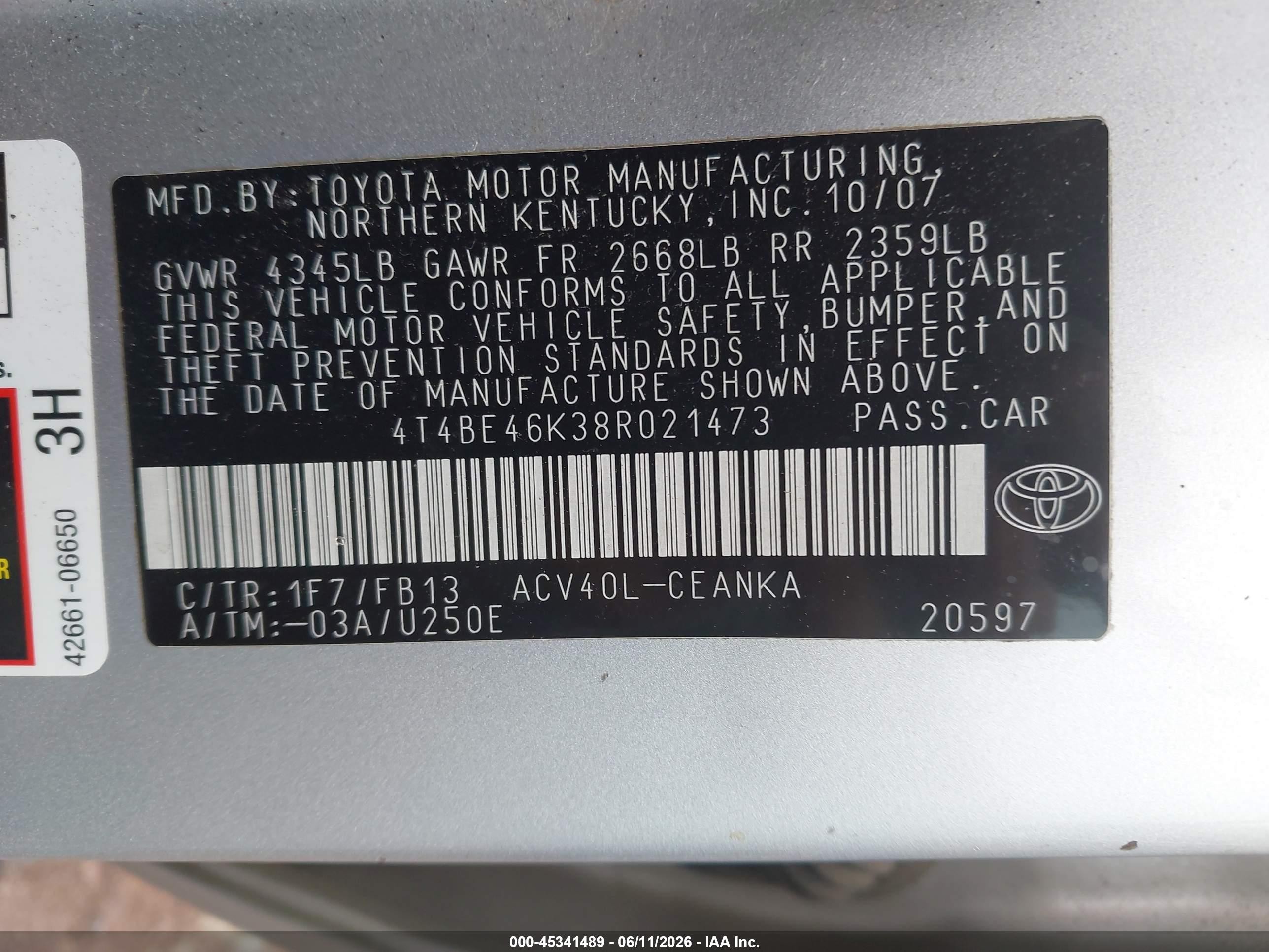 2008 Toyota Camry Le Серебряный vin: 4T4BE46K38R021473