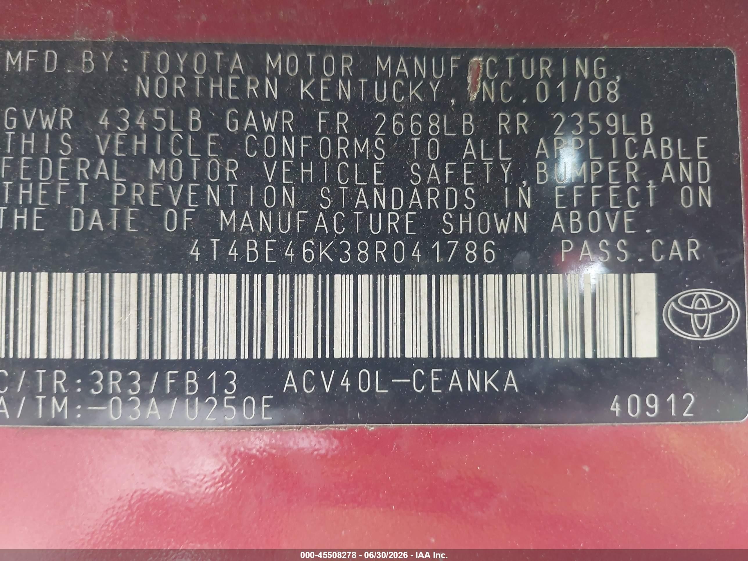 2008 Toyota Camry Le Red vin: 4T4BE46K38R041786