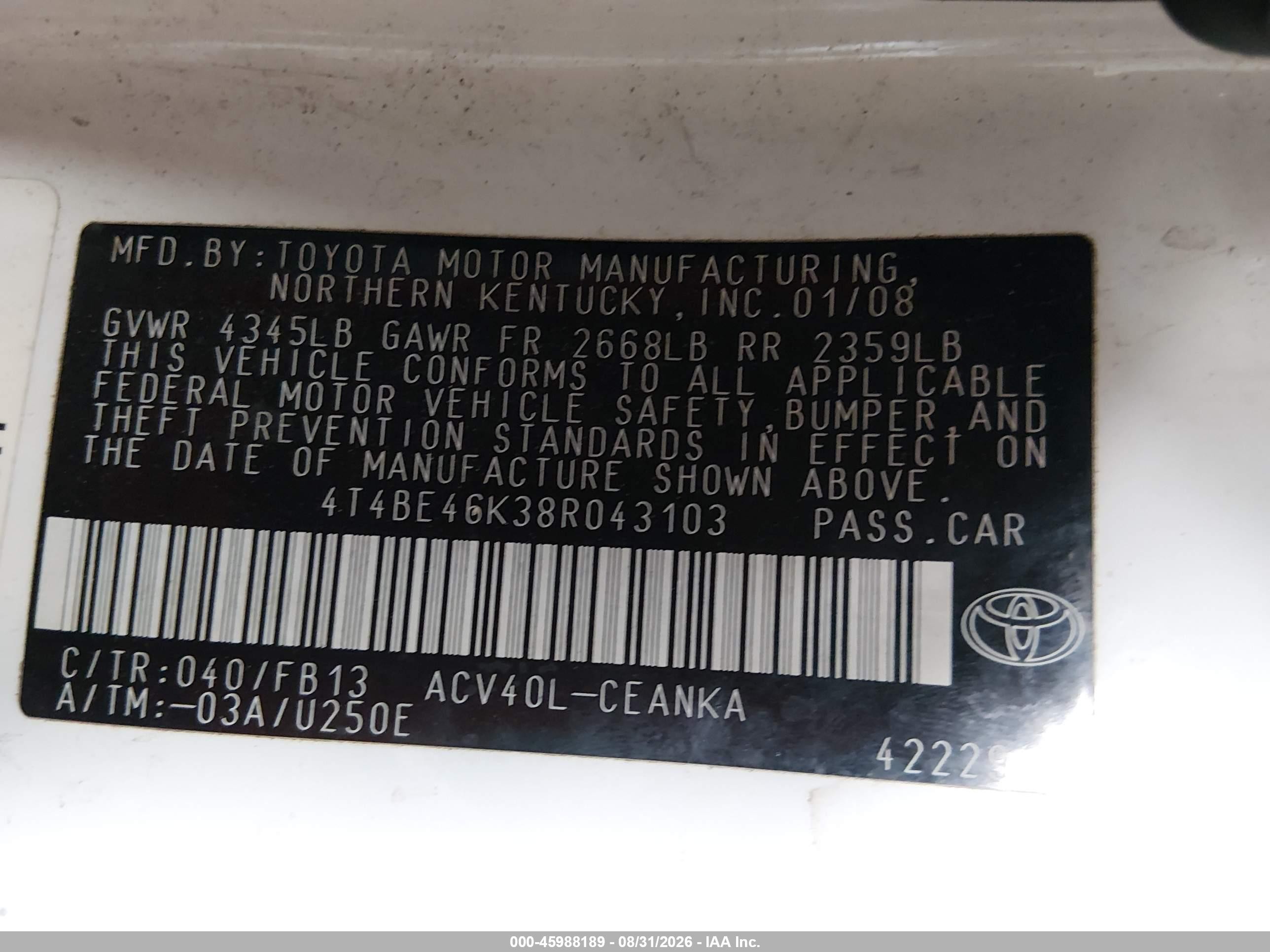 2008 Toyota Camry Le Белый vin: 4T4BE46K38R043103