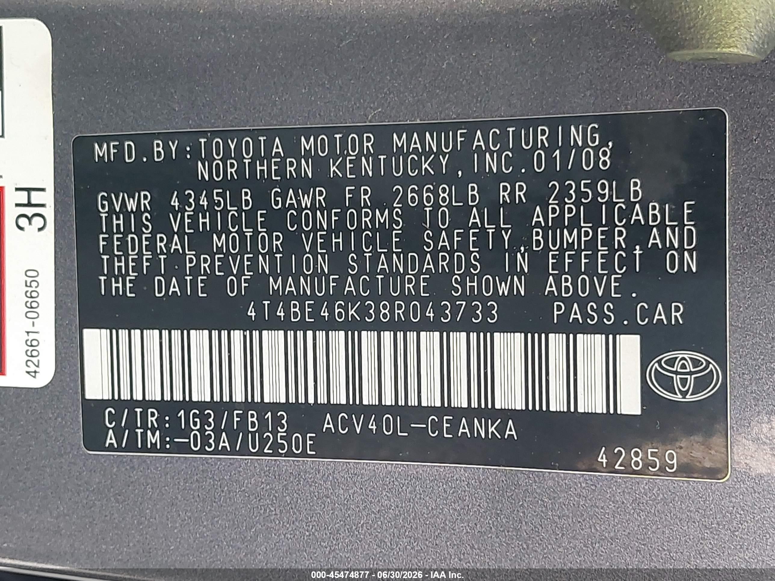 2008 Toyota Camry Le Gray vin: 4T4BE46K38R043733