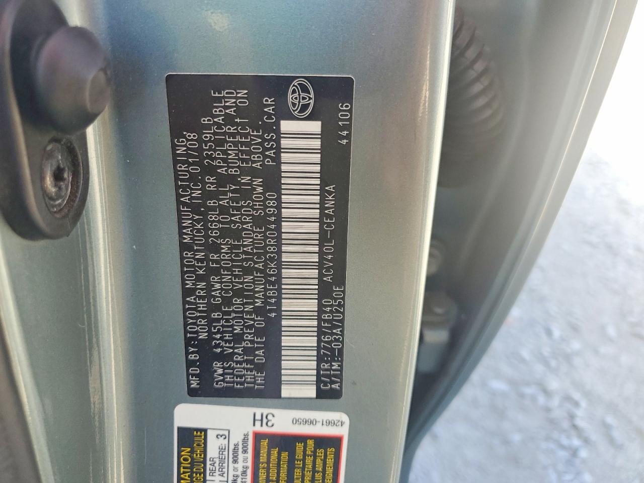 2008 Toyota Camry Le Gray vin: 4T4BE46K38R044980