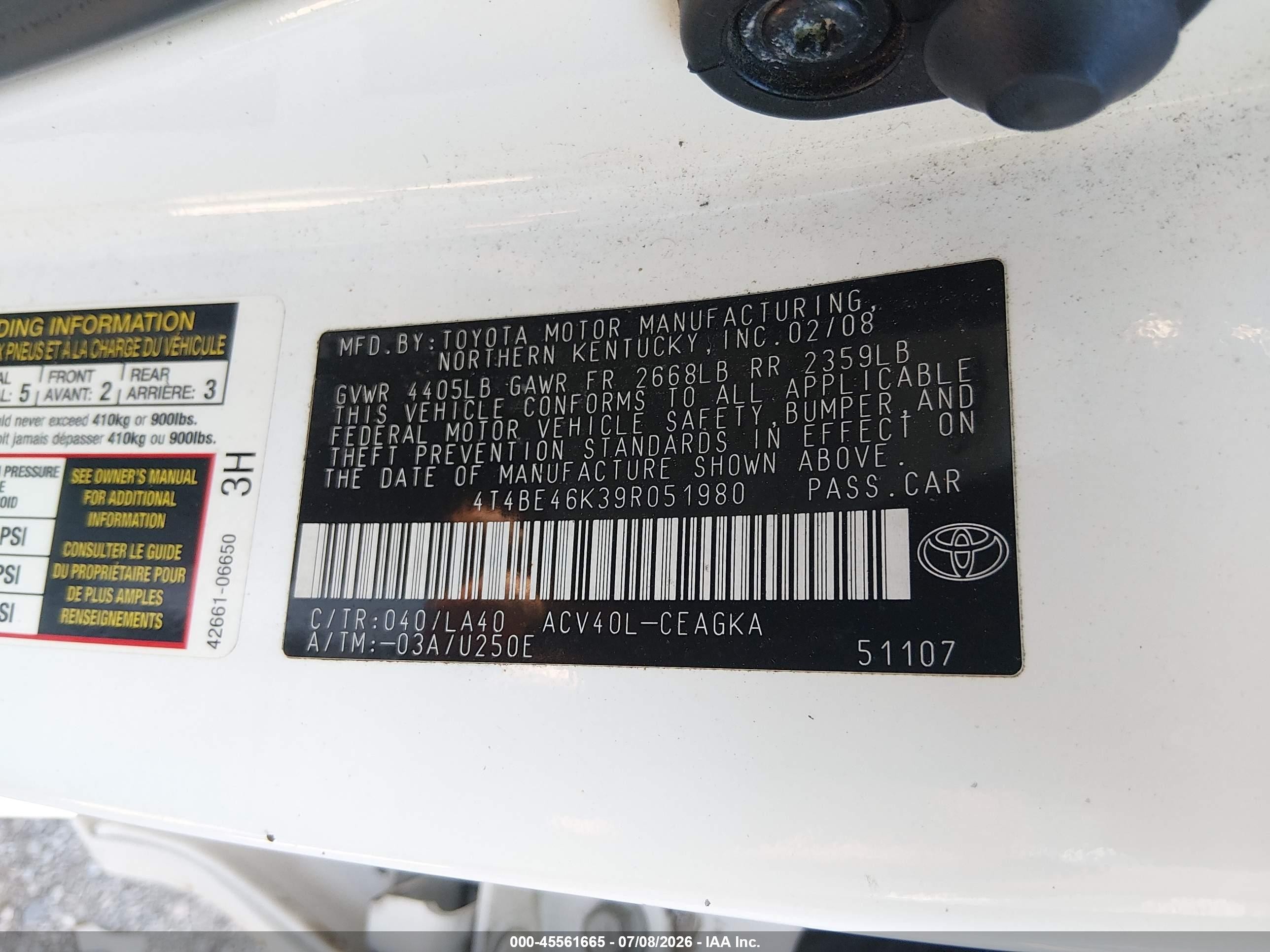 2009 Toyota Camry Xle White vin: 4T4BE46K39R051980