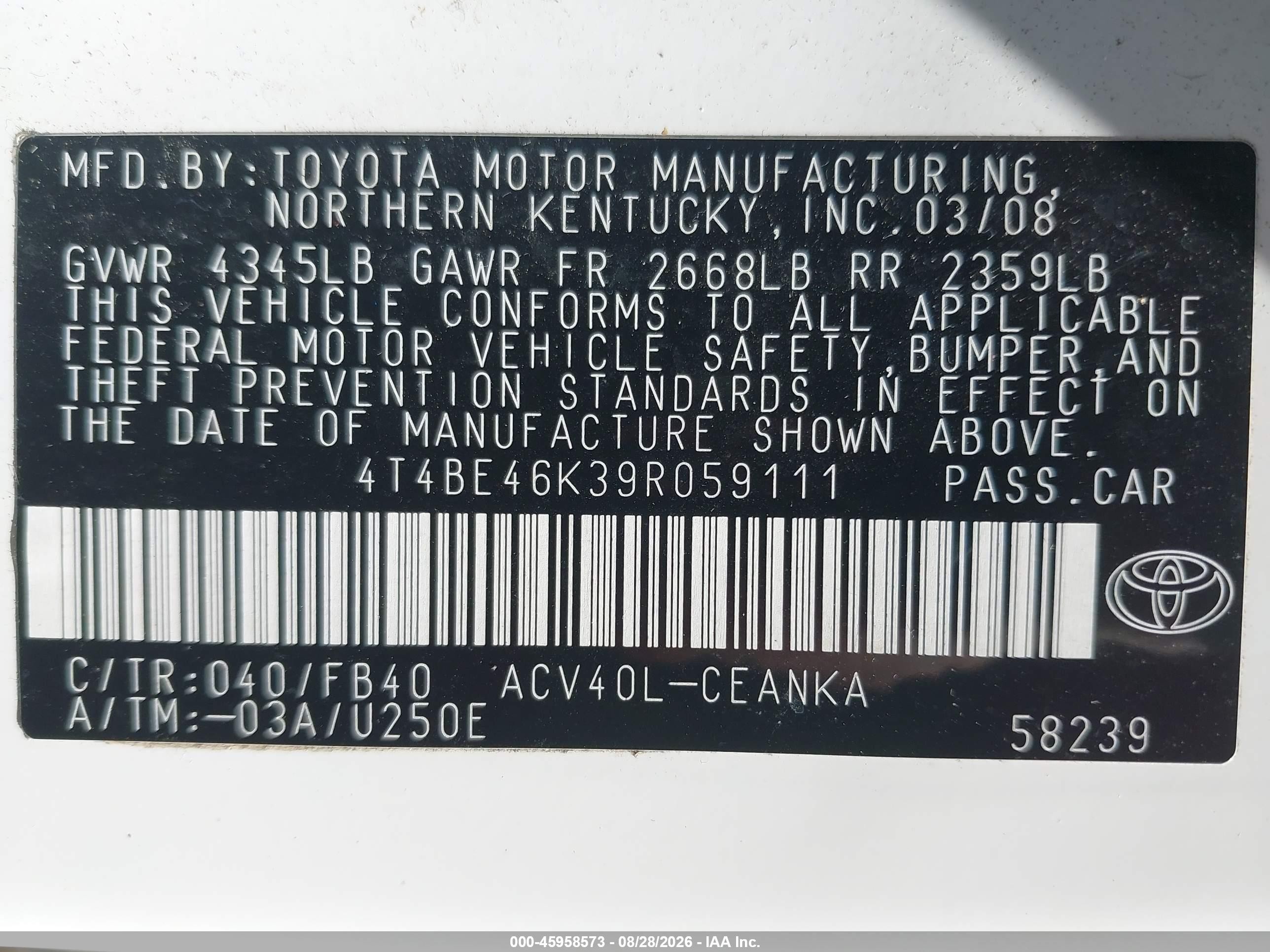2009 Toyota Camry Le White vin: 4T4BE46K39R059111