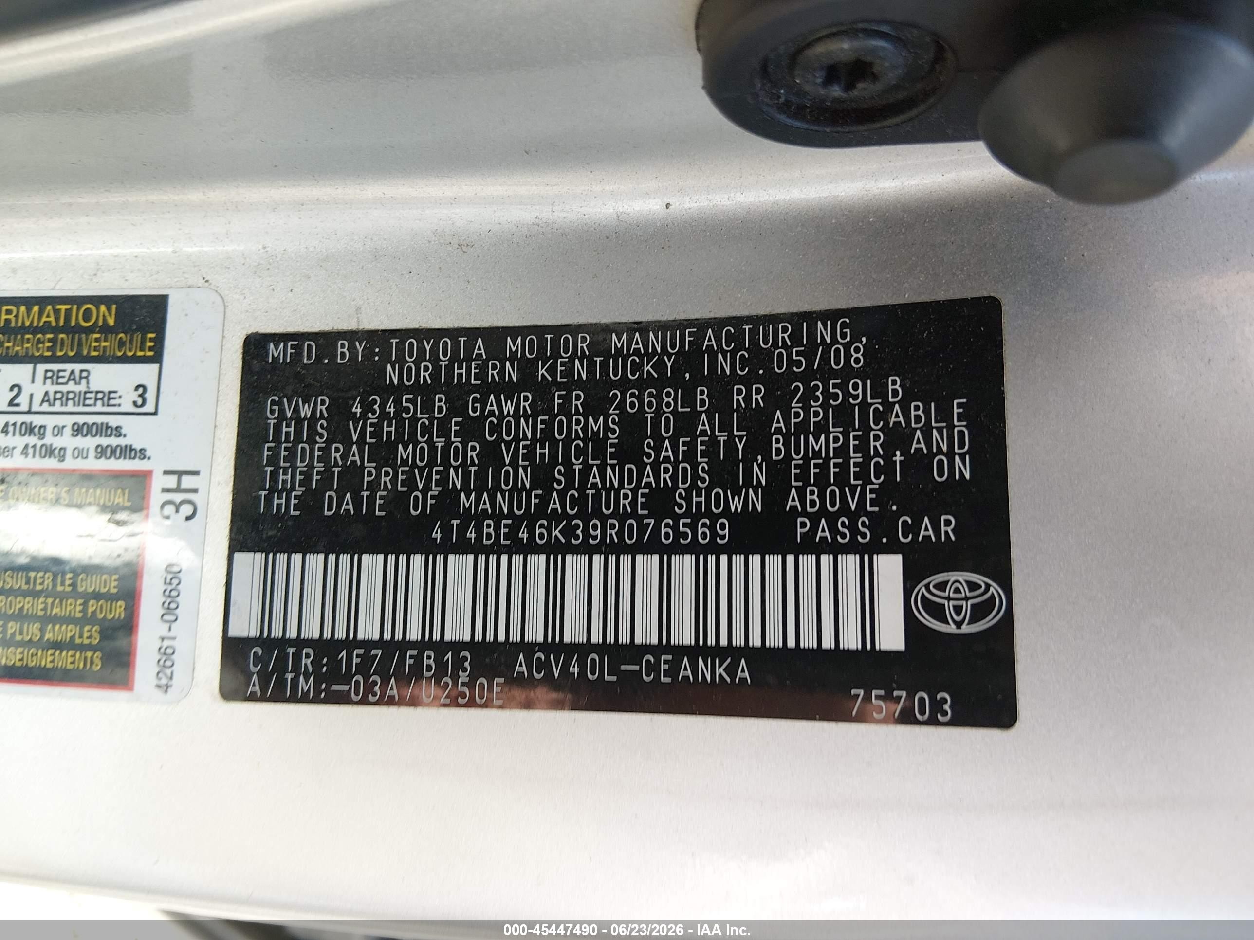 2009 Toyota Camry Серебряный vin: 4T4BE46K39R076569