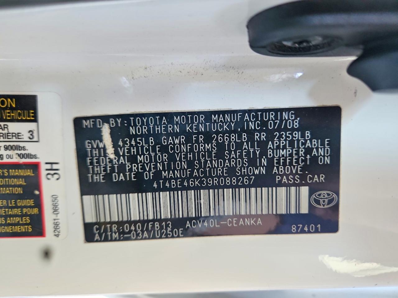 2009 Toyota Camry Le Белый vin: 4T4BE46K39R088267