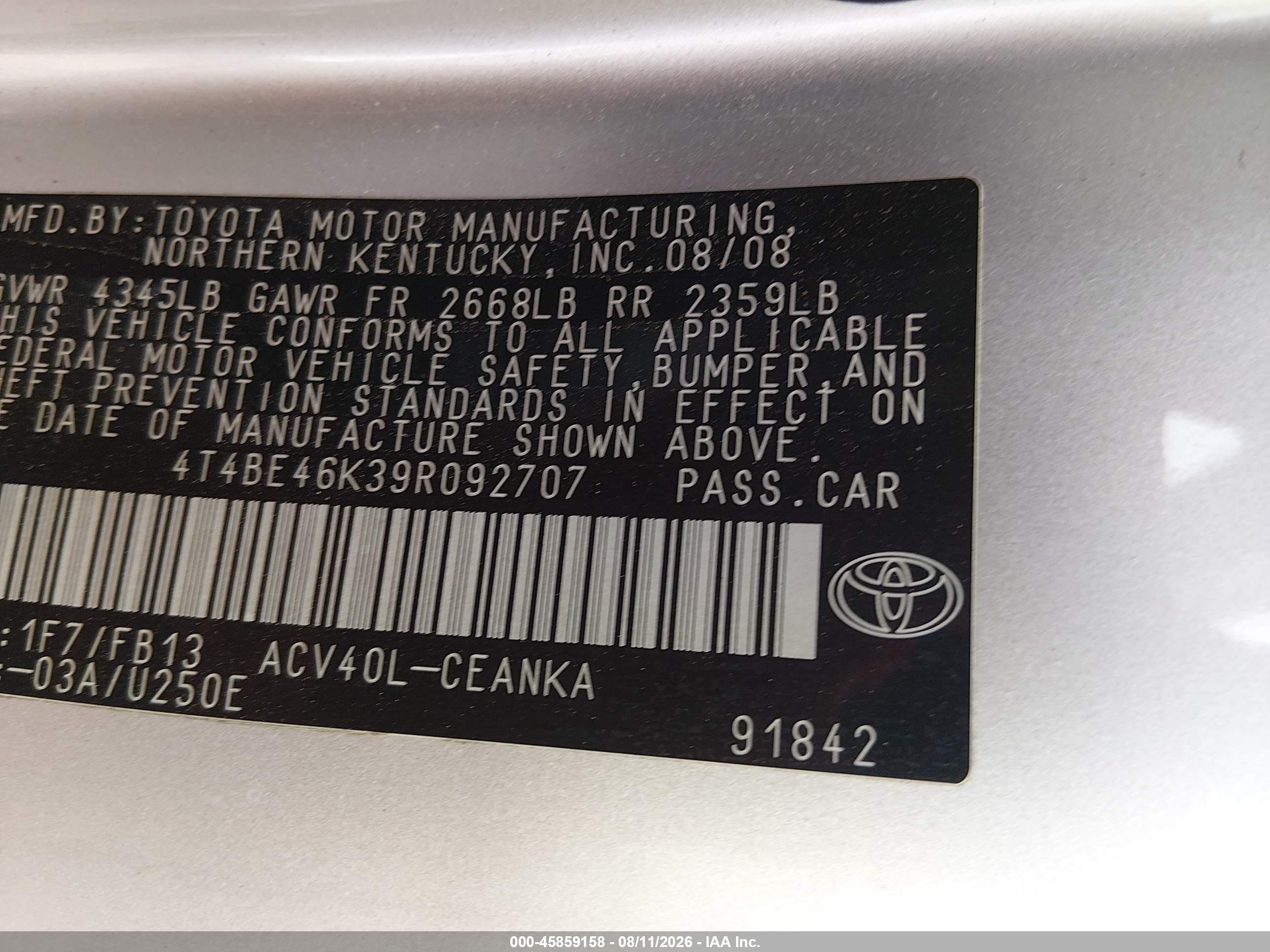 2009 Toyota Camry   Silver vin: 4T4BE46K39R092707
