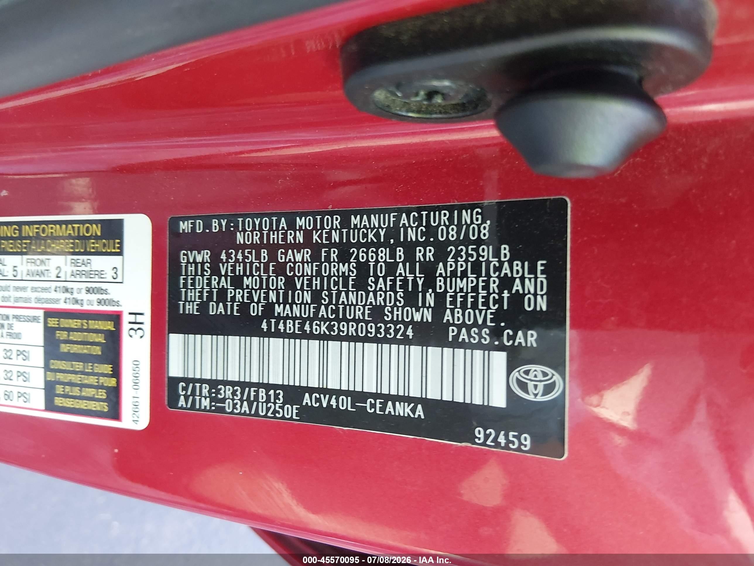 2009 Toyota Camry Le Red vin: 4T4BE46K39R093324