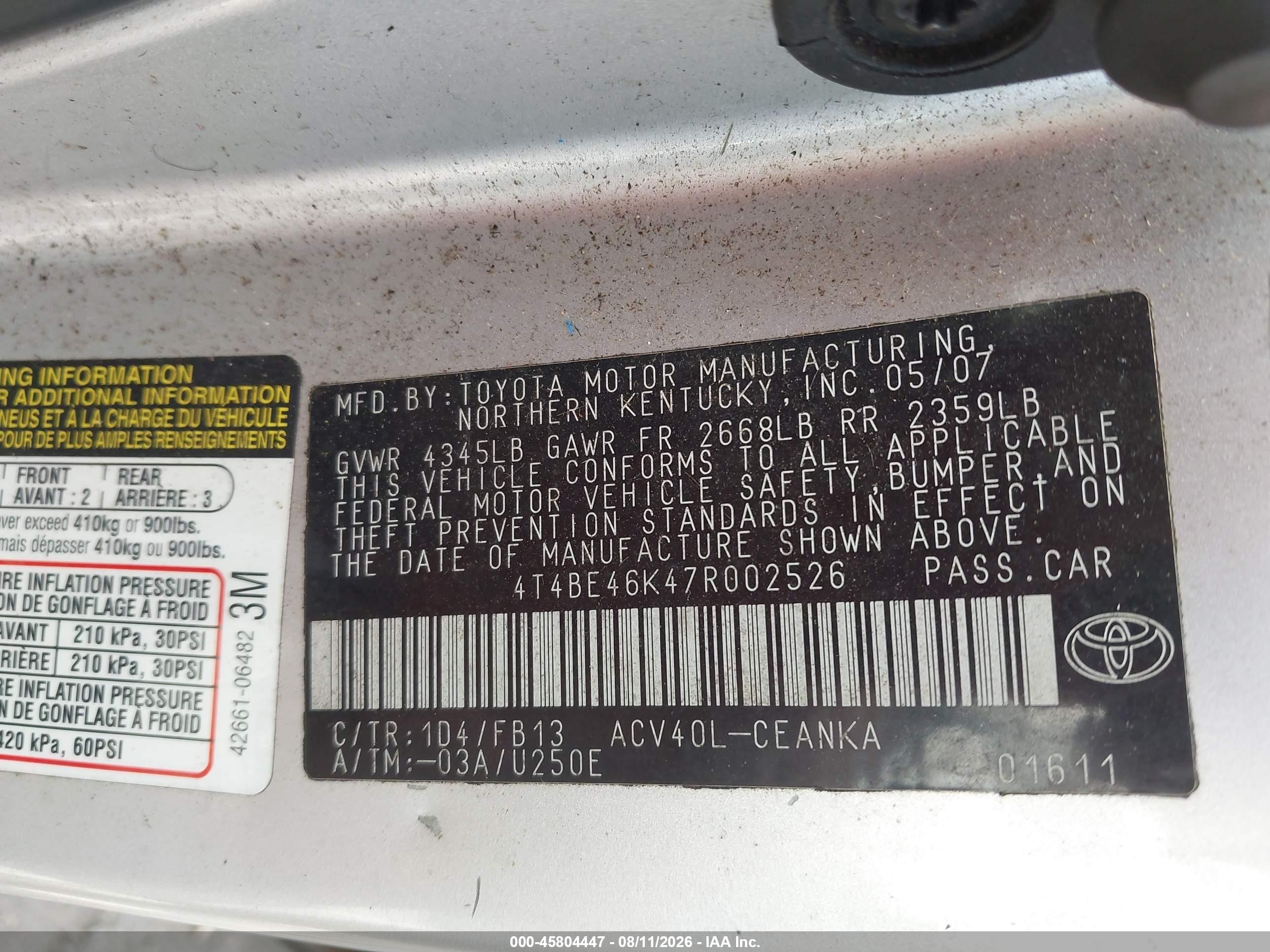 2007 Toyota Camry Le Silver vin: 4T4BE46K47R002526