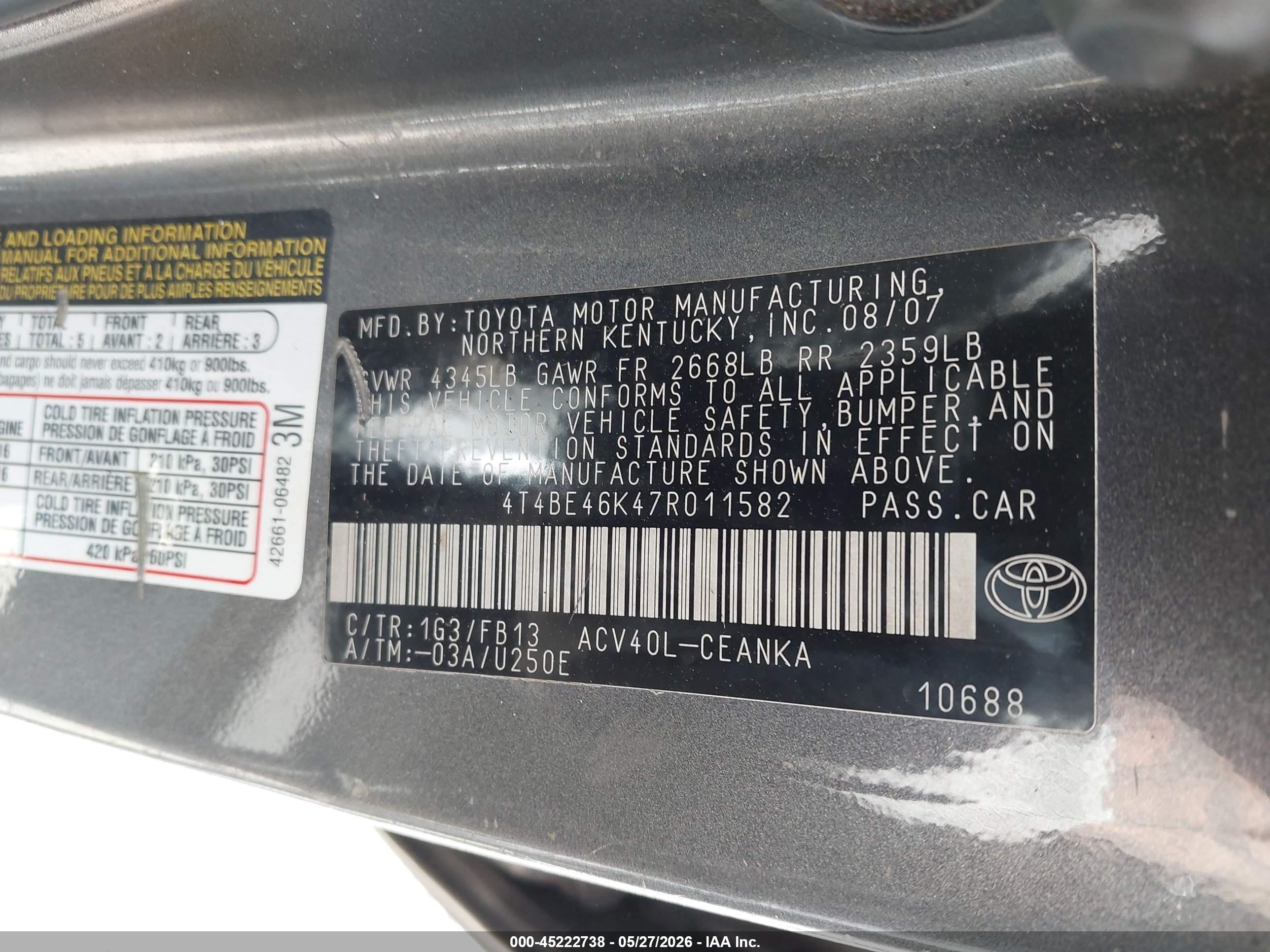 2007 Toyota Camry Le Brown vin: 4T4BE46K47R011582