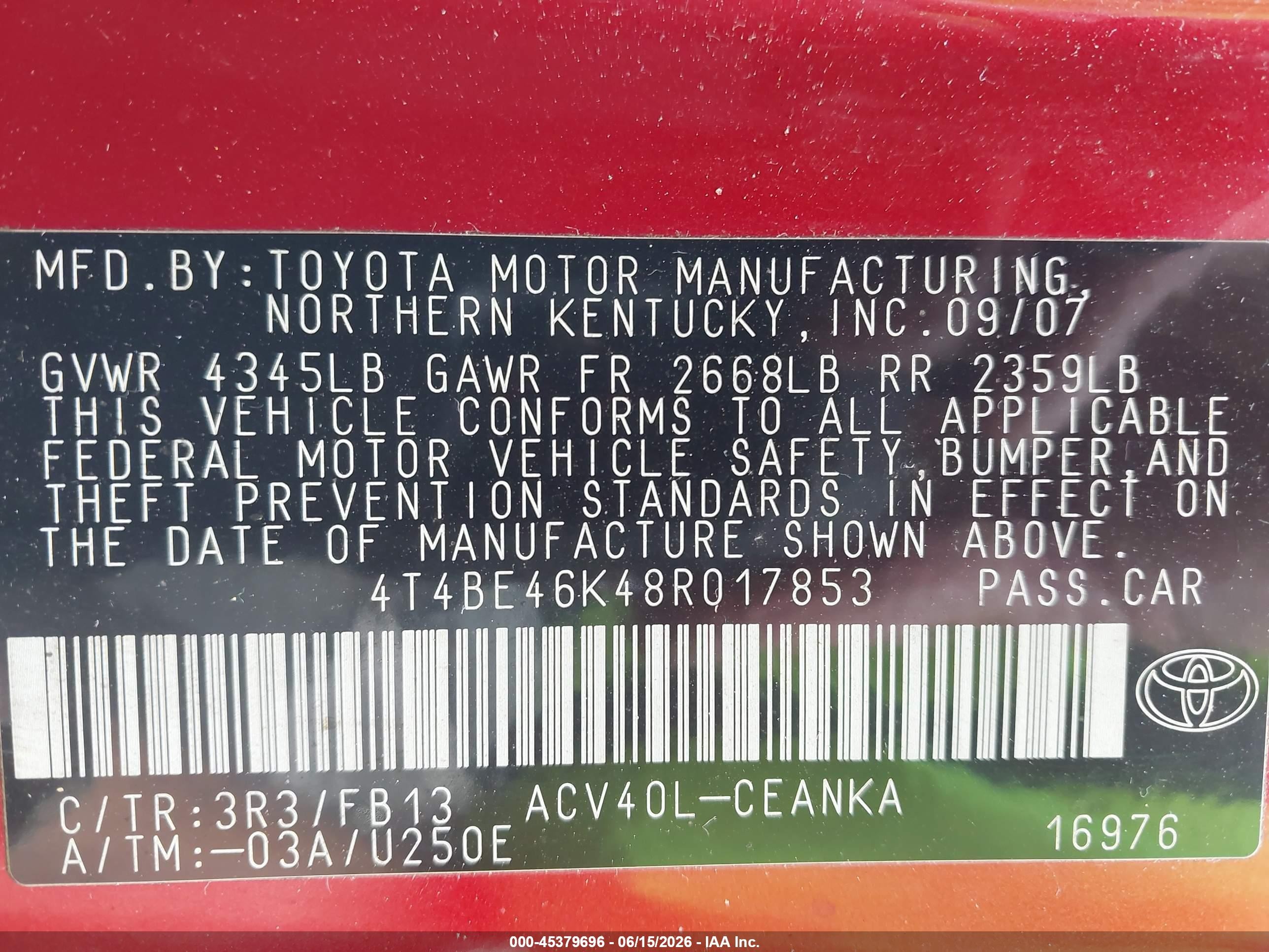 2008 Toyota Camry Le Красный vin: 4T4BE46K48R017853