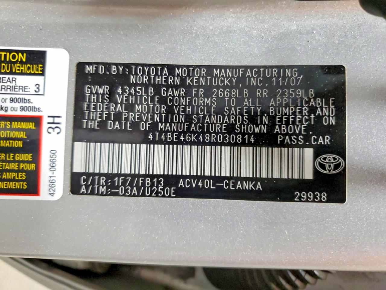 2008 Toyota Camry Le Silver vin: 4T4BE46K48R030814