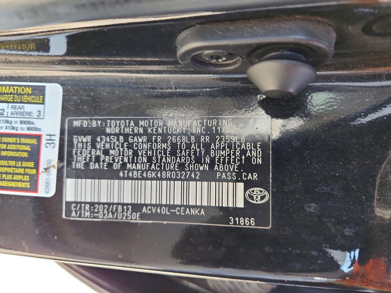 2008 Toyota Camry Le Black vin: 4T4BE46K48R032742