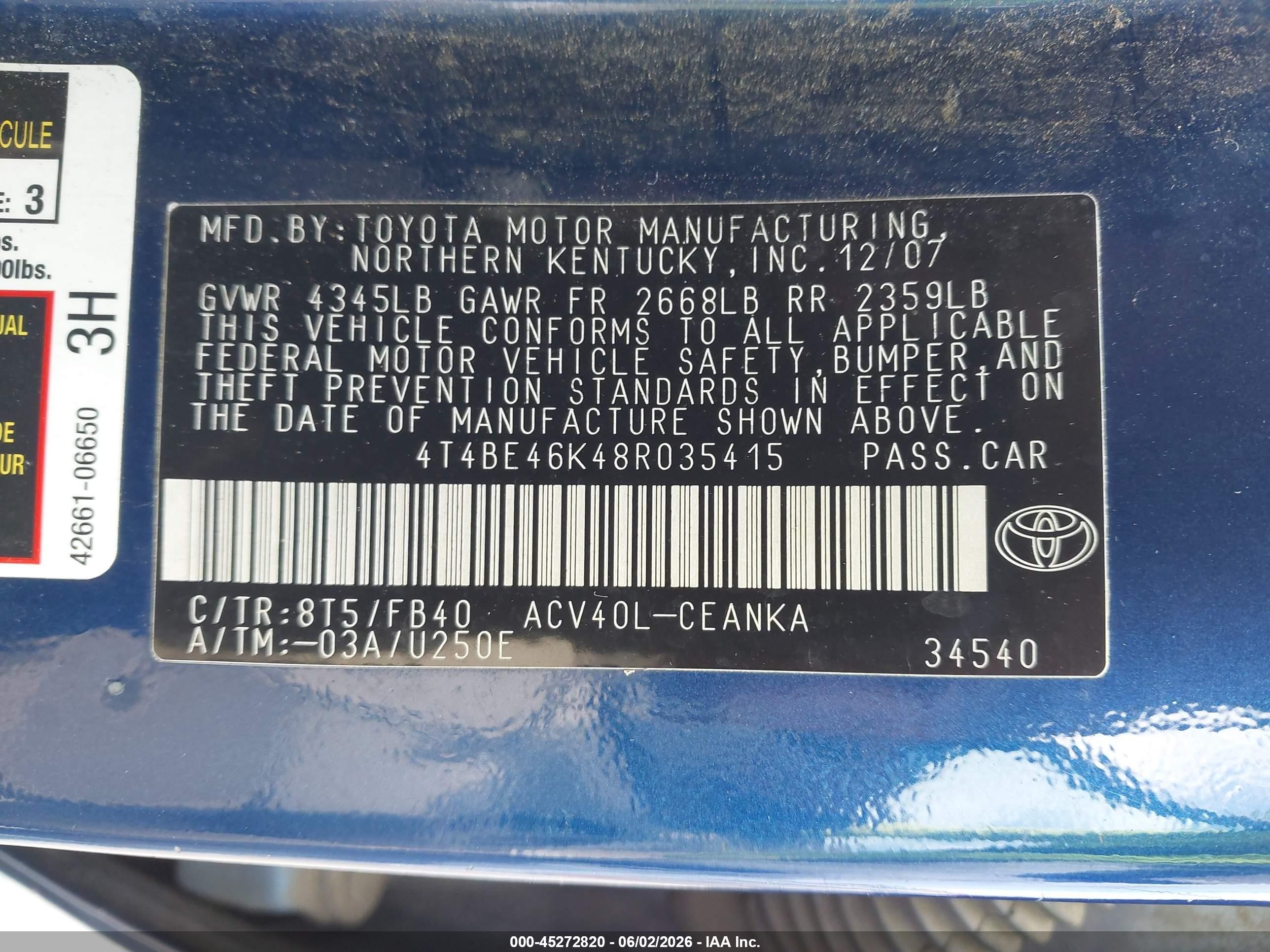 2008 Toyota Camry Le Синий vin: 4T4BE46K48R035415