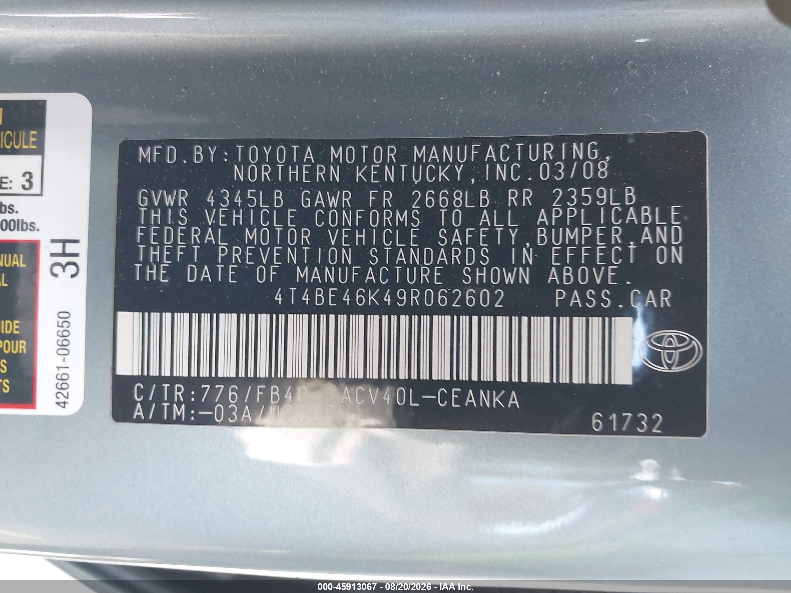 2009 Toyota Camry Le Light Blue vin: 4T4BE46K49R062602