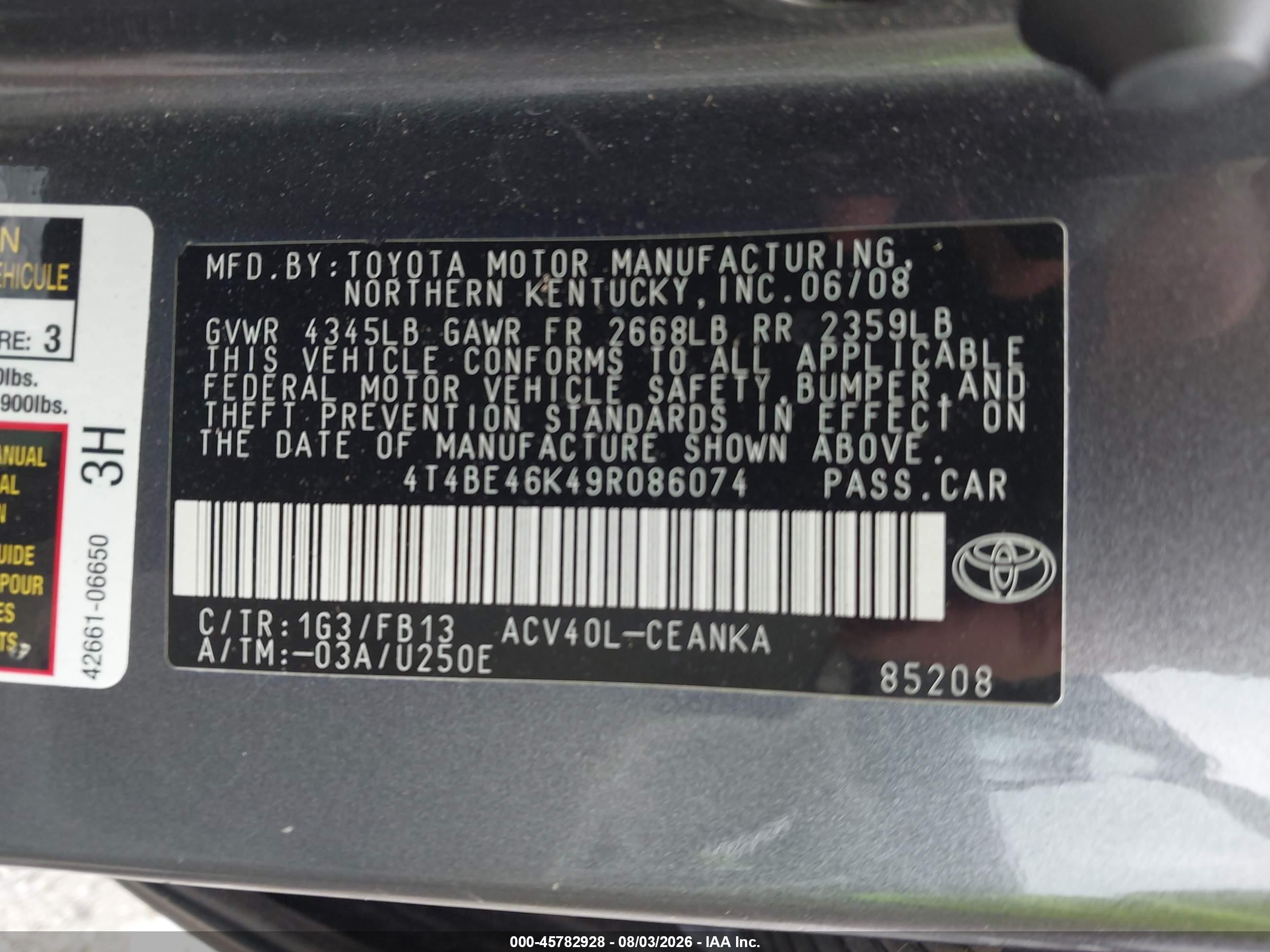 2009 Toyota Camry Le Gray vin: 4T4BE46K49R086074