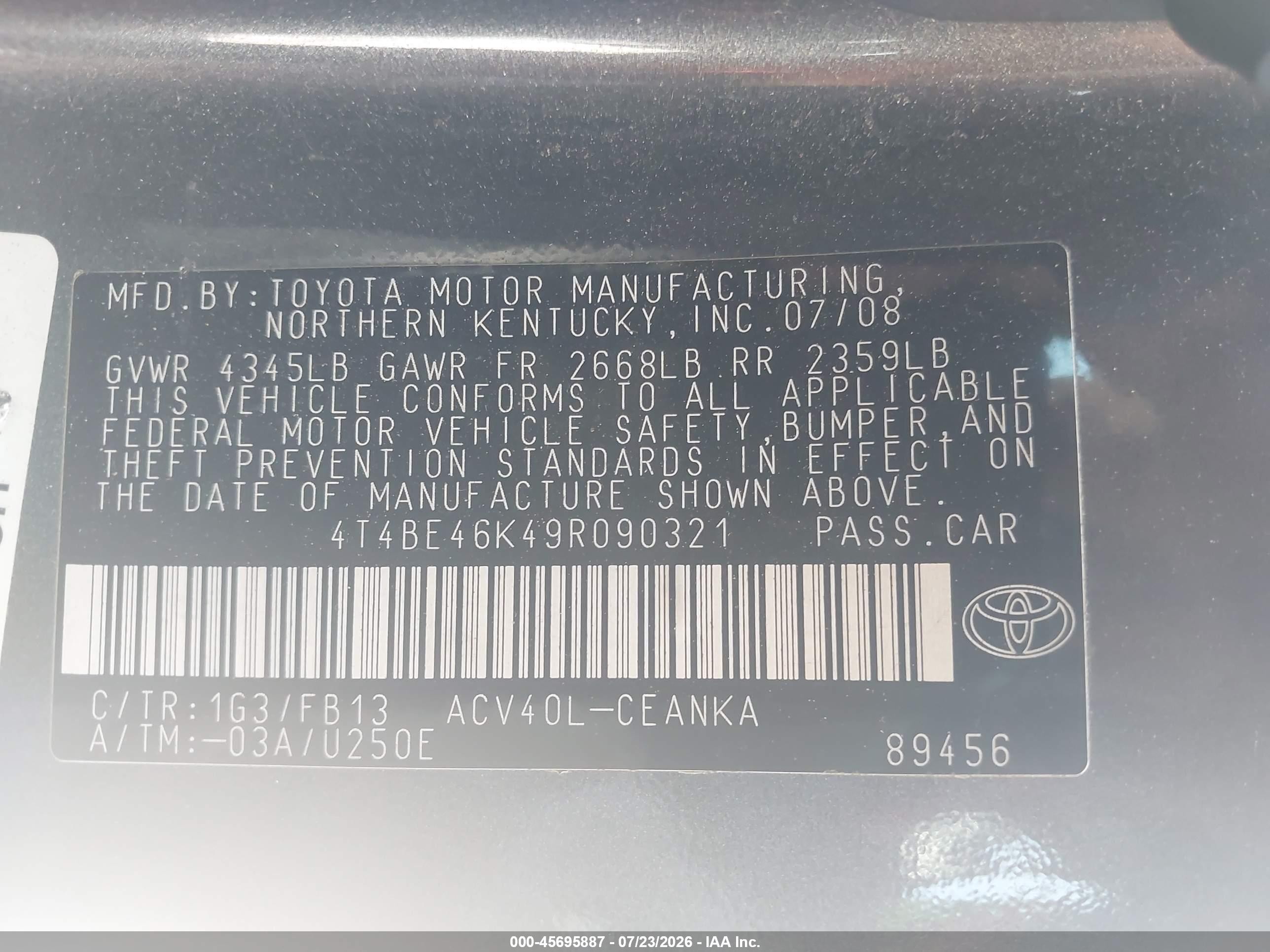 2009 Toyota Camry Le Gray vin: 4T4BE46K49R090321