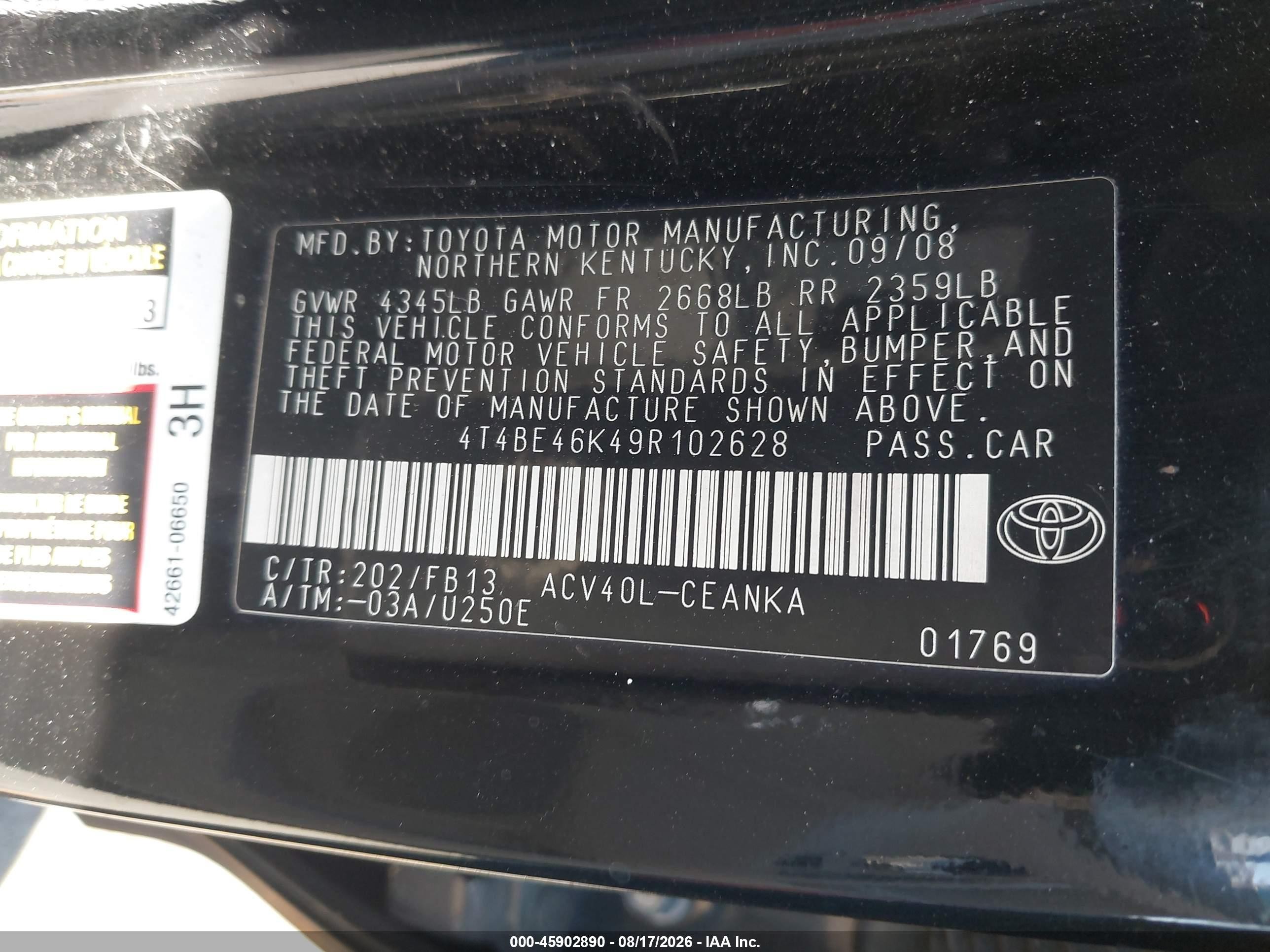 2009 Toyota Camry Le Black vin: 4T4BE46K49R102628