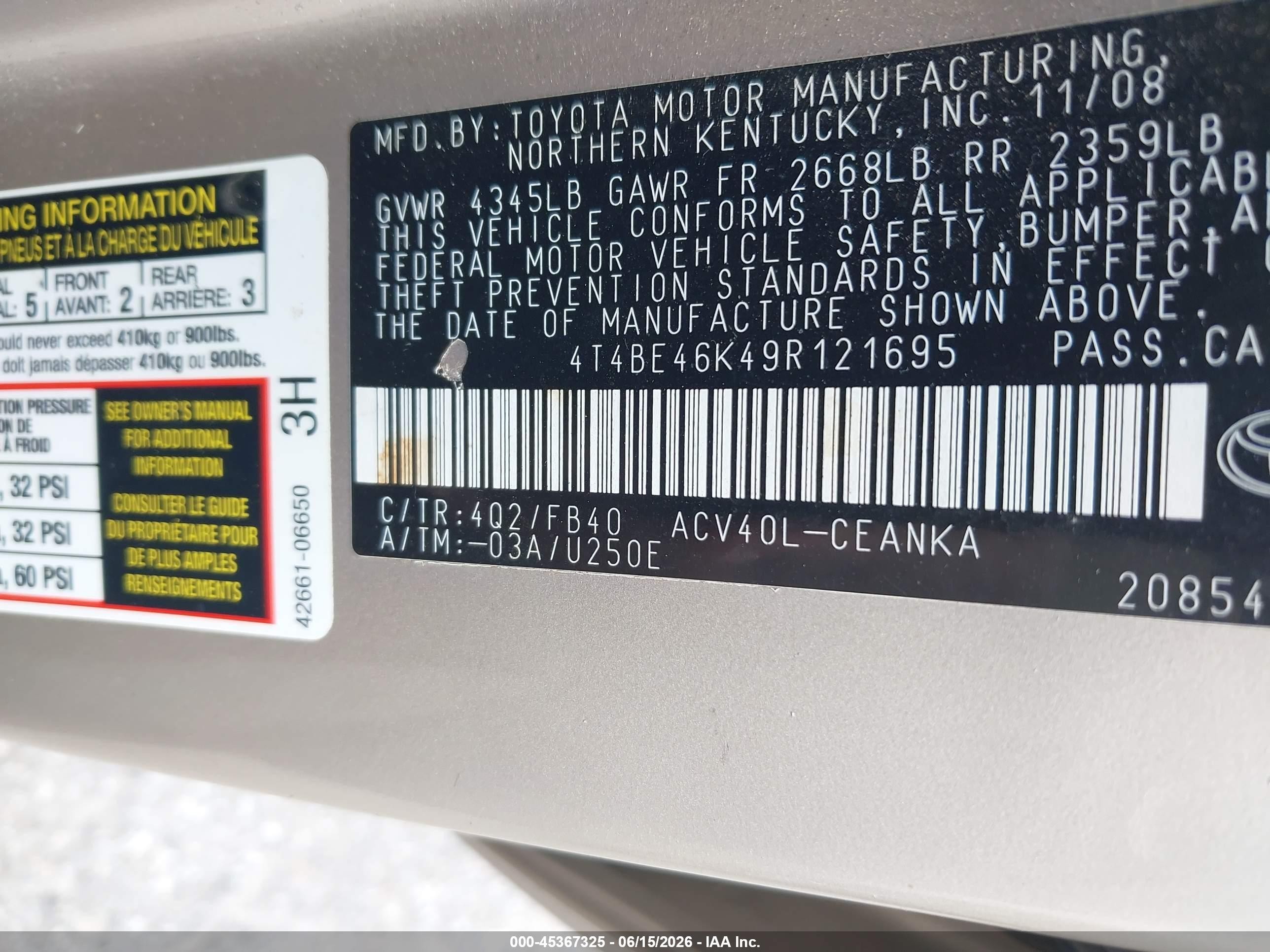 2009 Toyota Camry Le Tan vin: 4T4BE46K49R121695