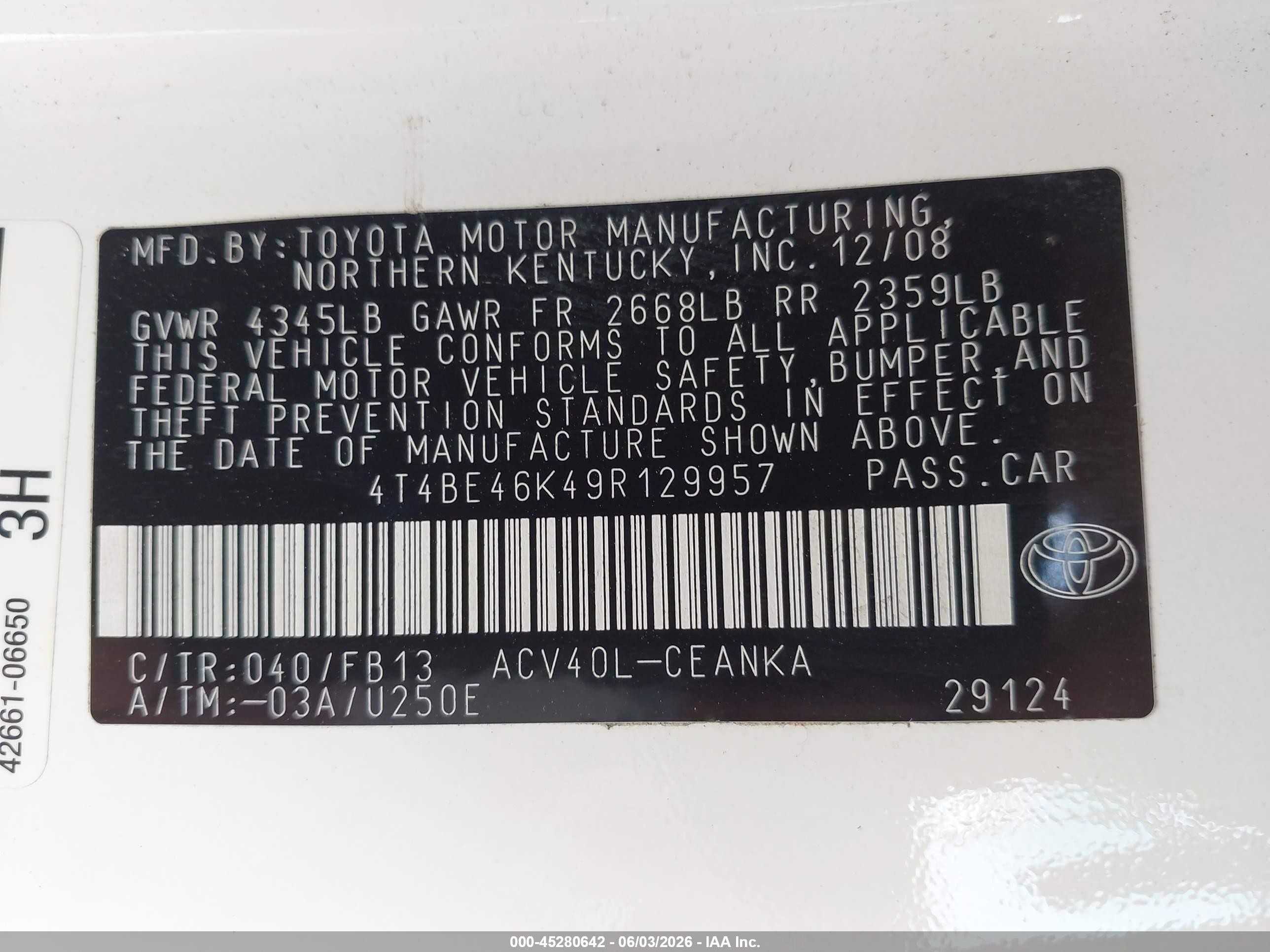 2009 Toyota Camry Se/le/xle White vin: 4T4BE46K49R129957