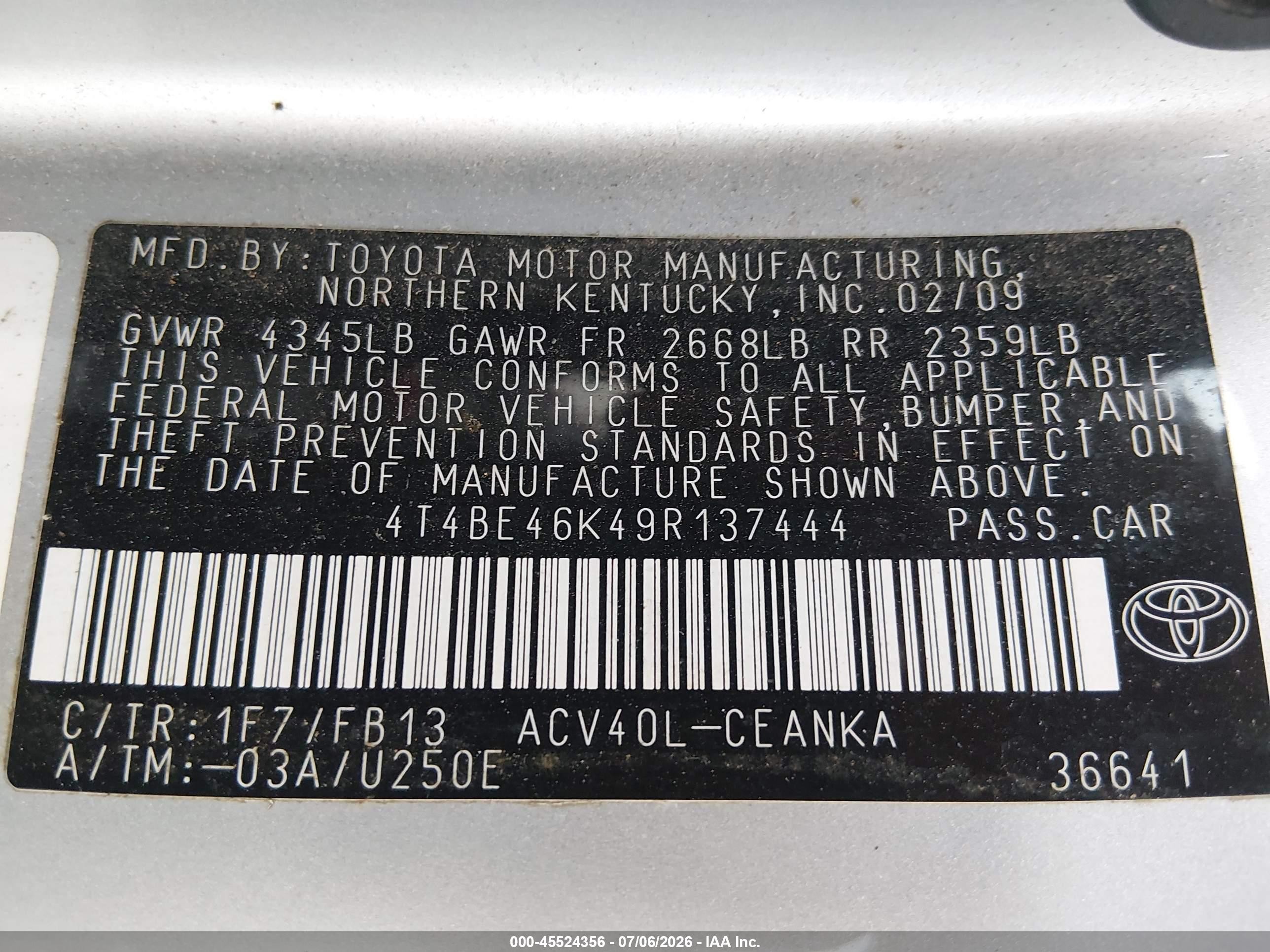 2009 Toyota Camry Le Silver vin: 4T4BE46K49R137444