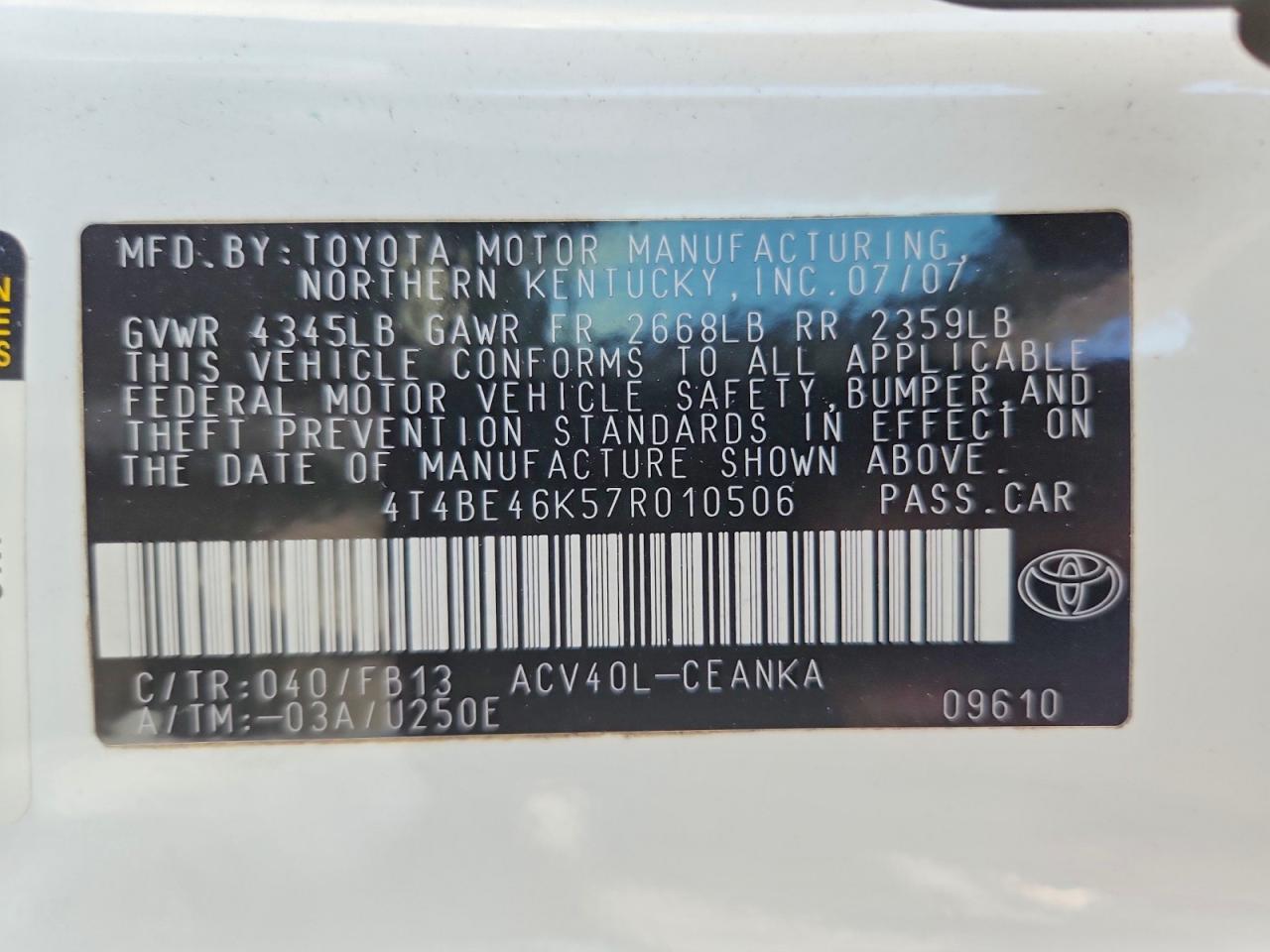 2007 Toyota Camry Ce White vin: 4T4BE46K57R010506