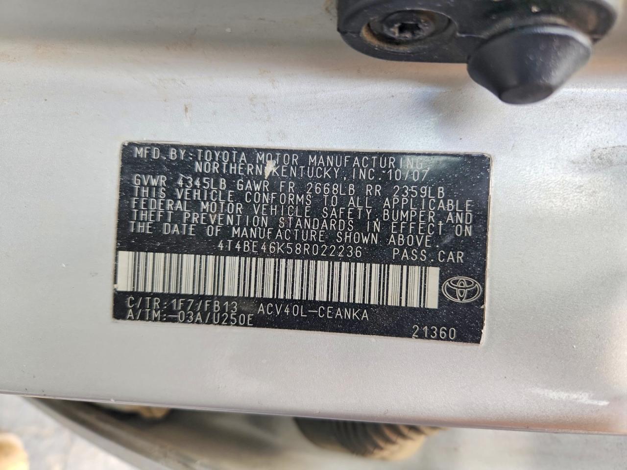 2008 Toyota Camry Le Silver vin: 4T4BE46K58R022236