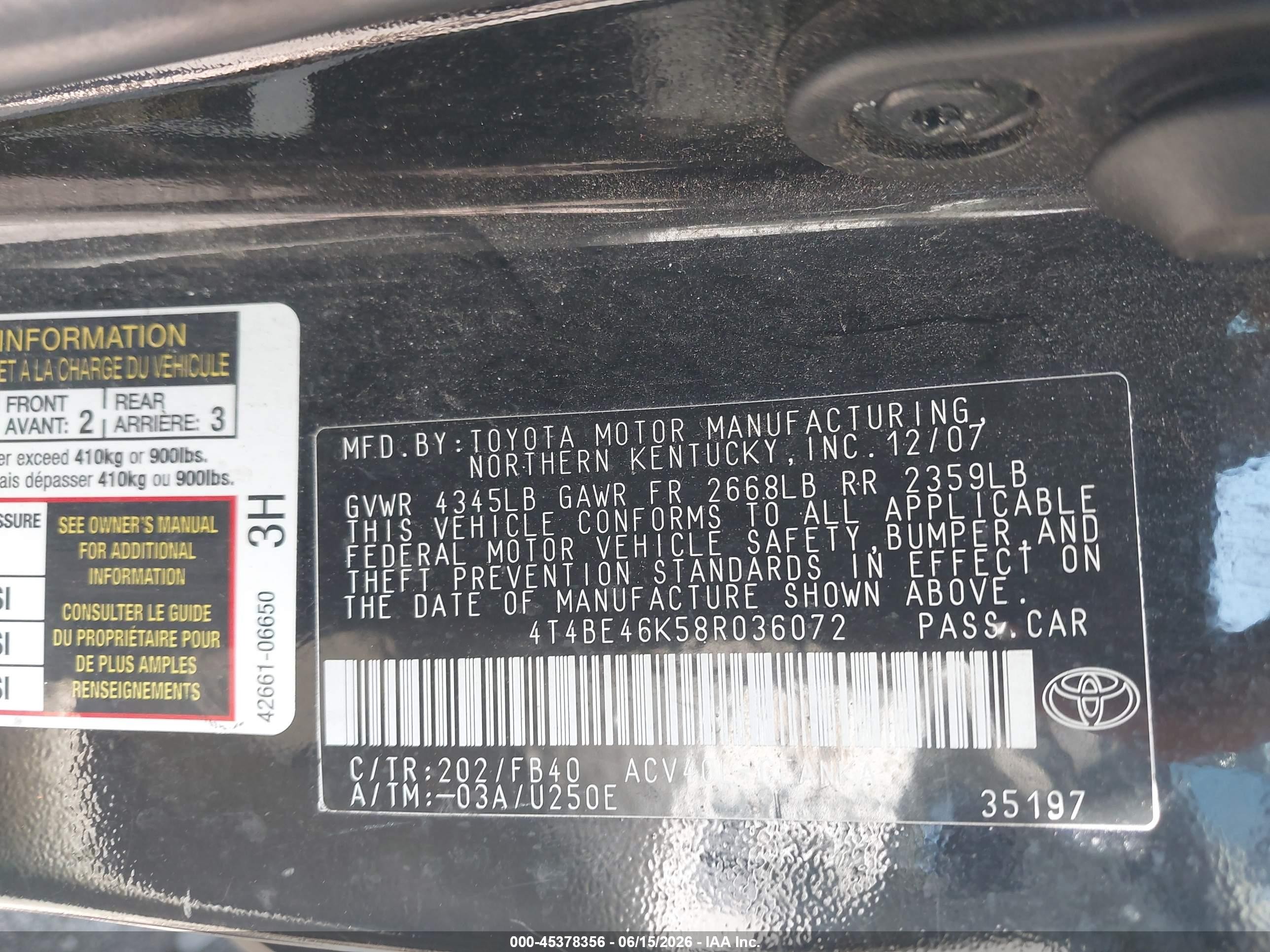 2008 Toyota Camry Le Black vin: 4T4BE46K58R036072