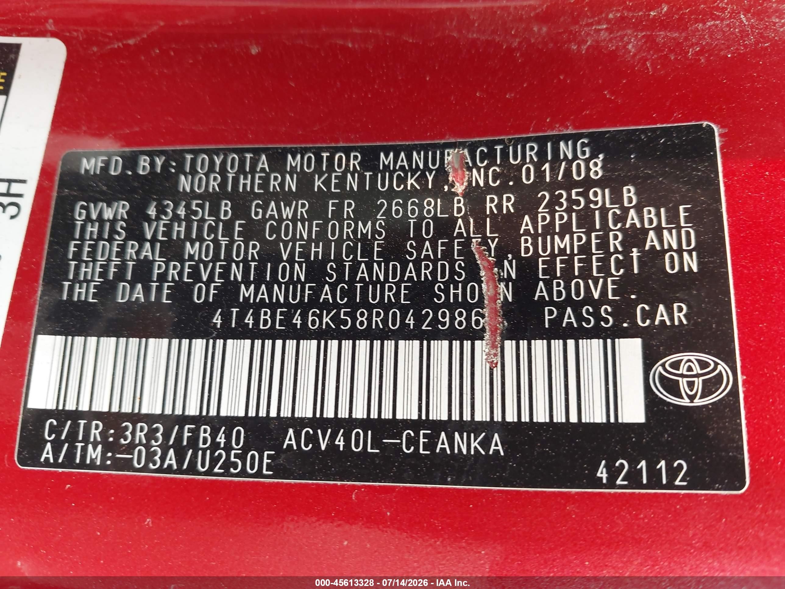 2008 Toyota Camry Le Red vin: 4T4BE46K58R042986