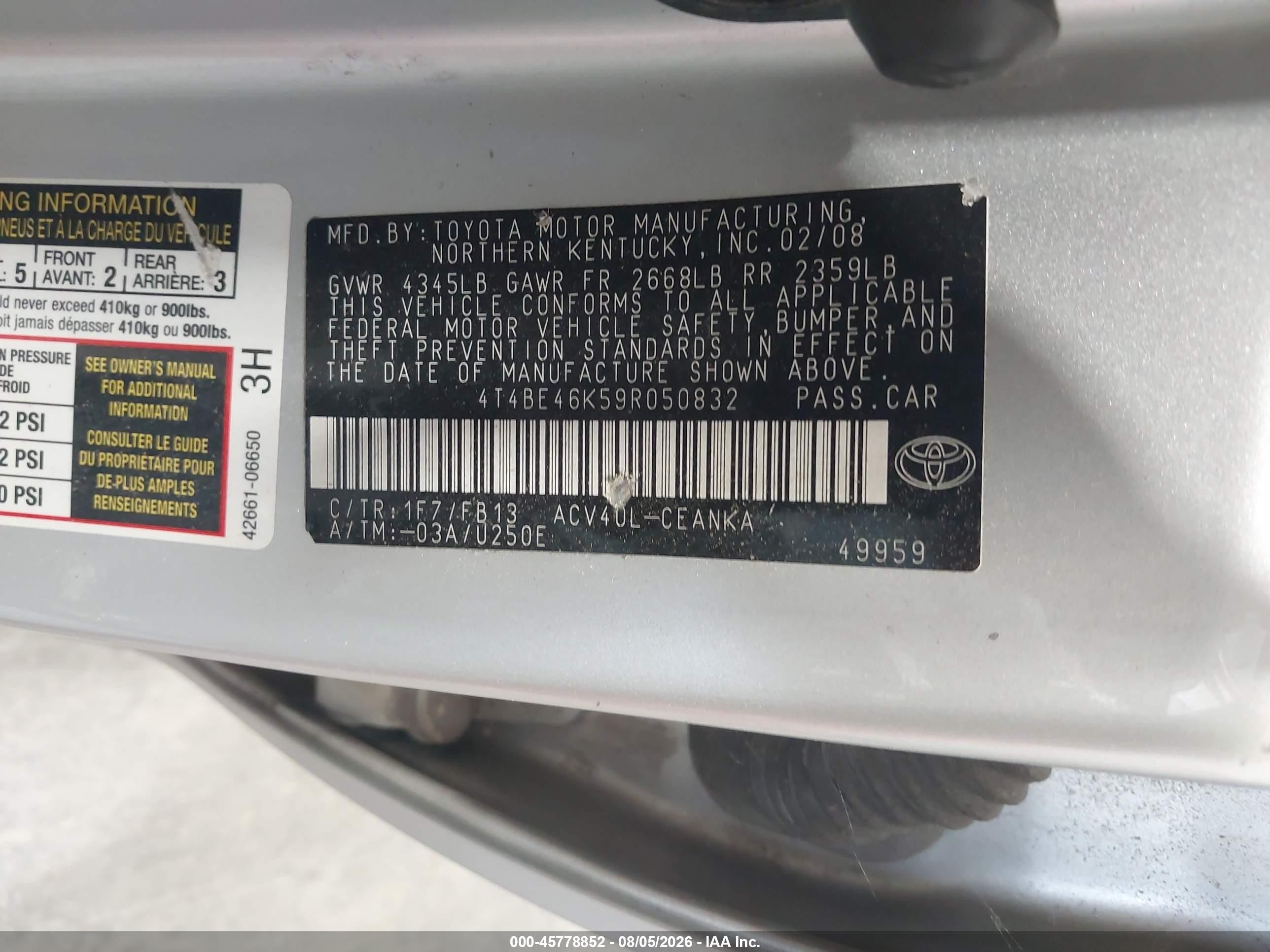 2009 Toyota Camry Le Silver vin: 4T4BE46K59R050832