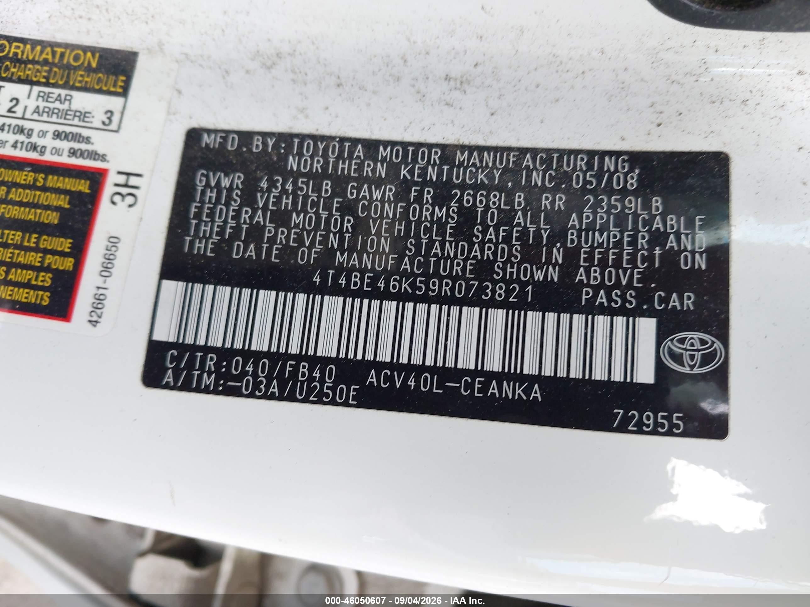 2009 Toyota Camry   White vin: 4T4BE46K59R073821