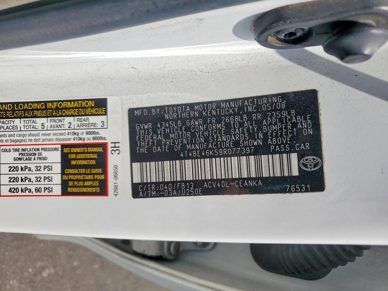 2009 Toyota Camry Le White vin: 4T4BE46K59R077397