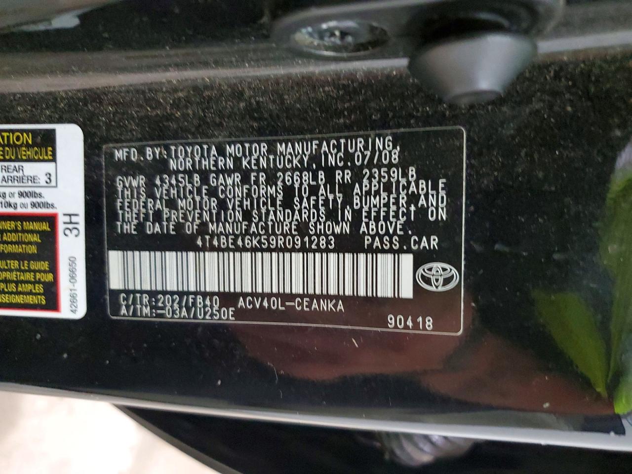 2009 Toyota Camry Le Black vin: 4T4BE46K59R091283