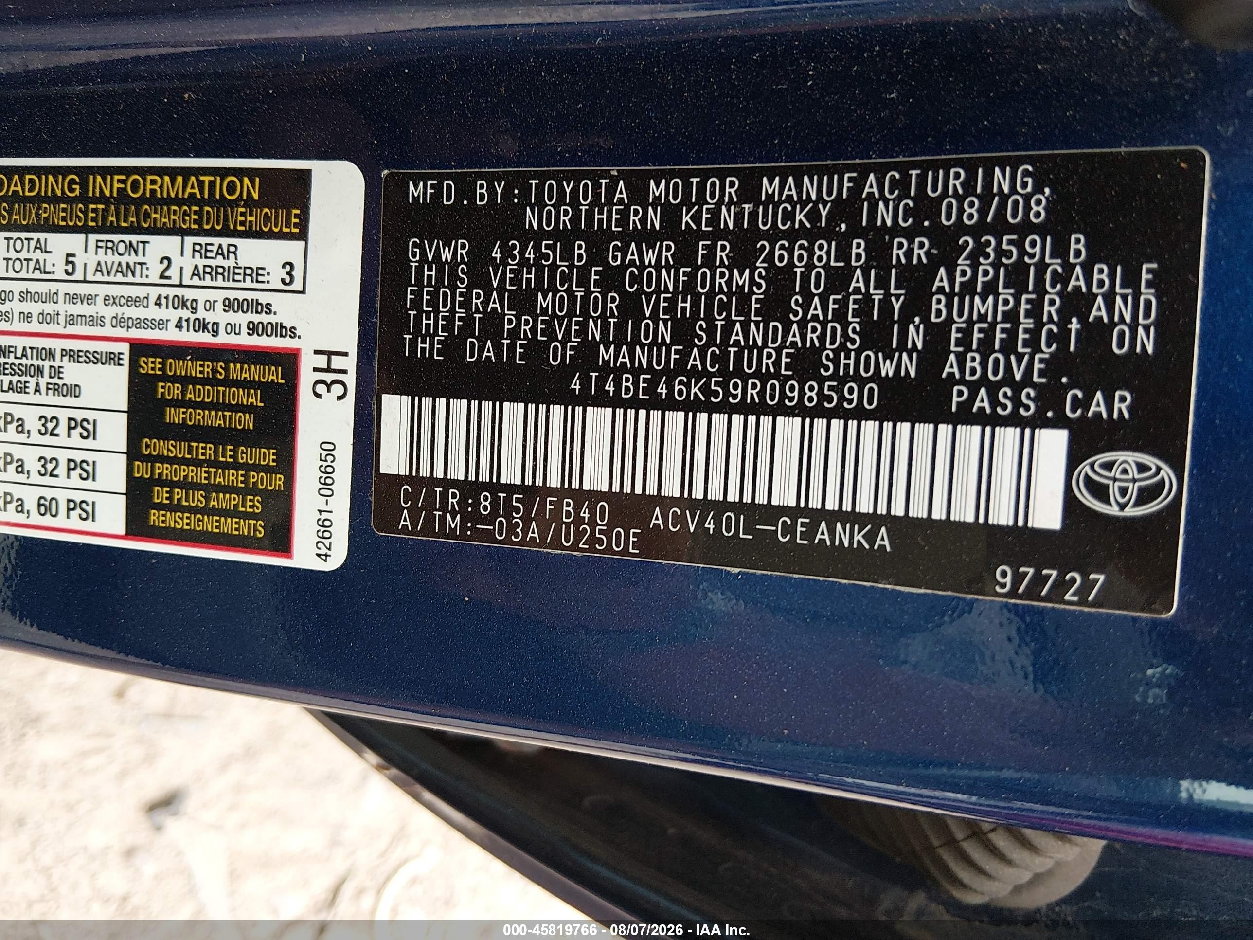 2009 Toyota Camry Le Blue vin: 4T4BE46K59R098590