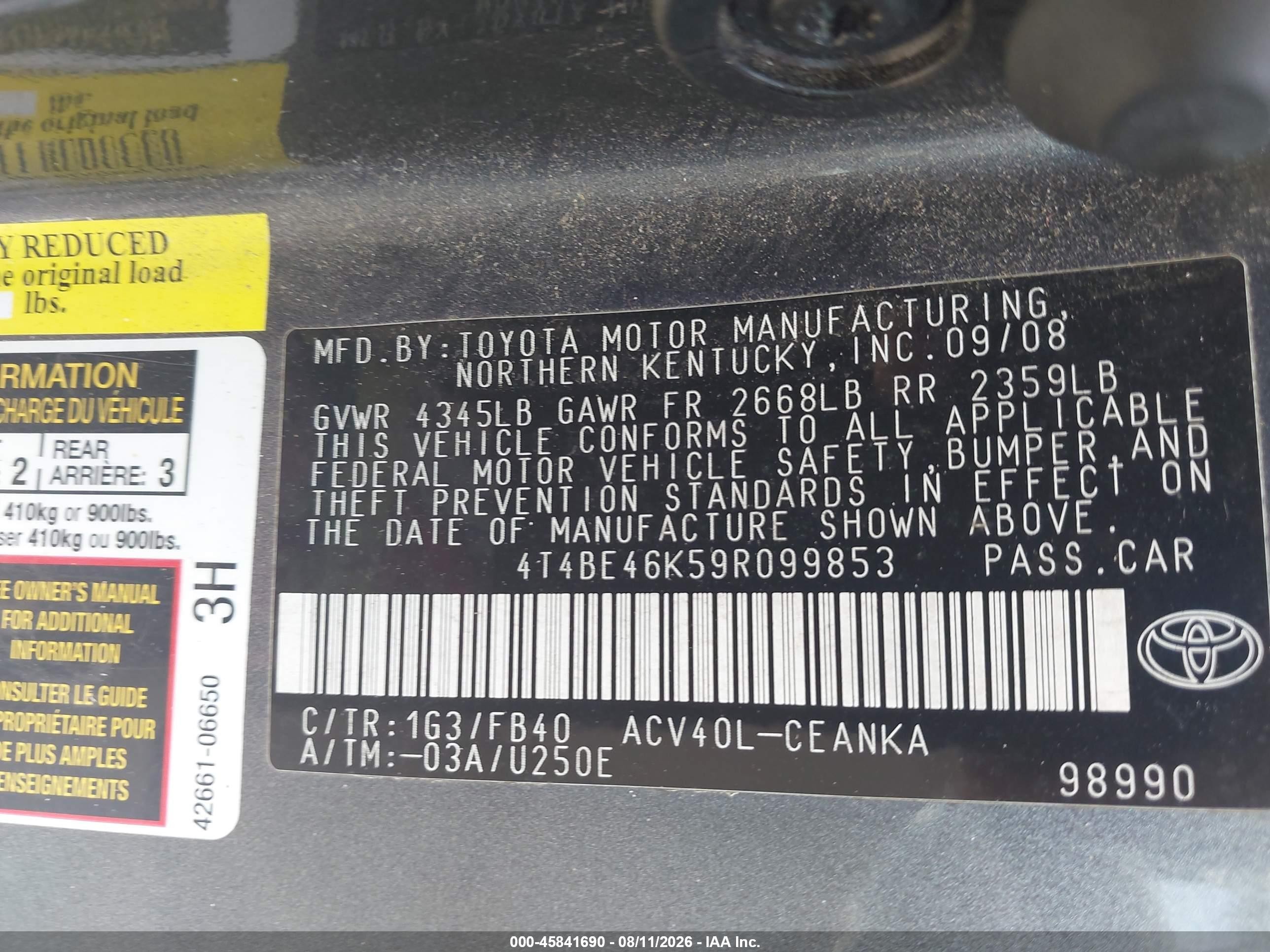 2009 Toyota Camry Le Gray vin: 4T4BE46K59R099853