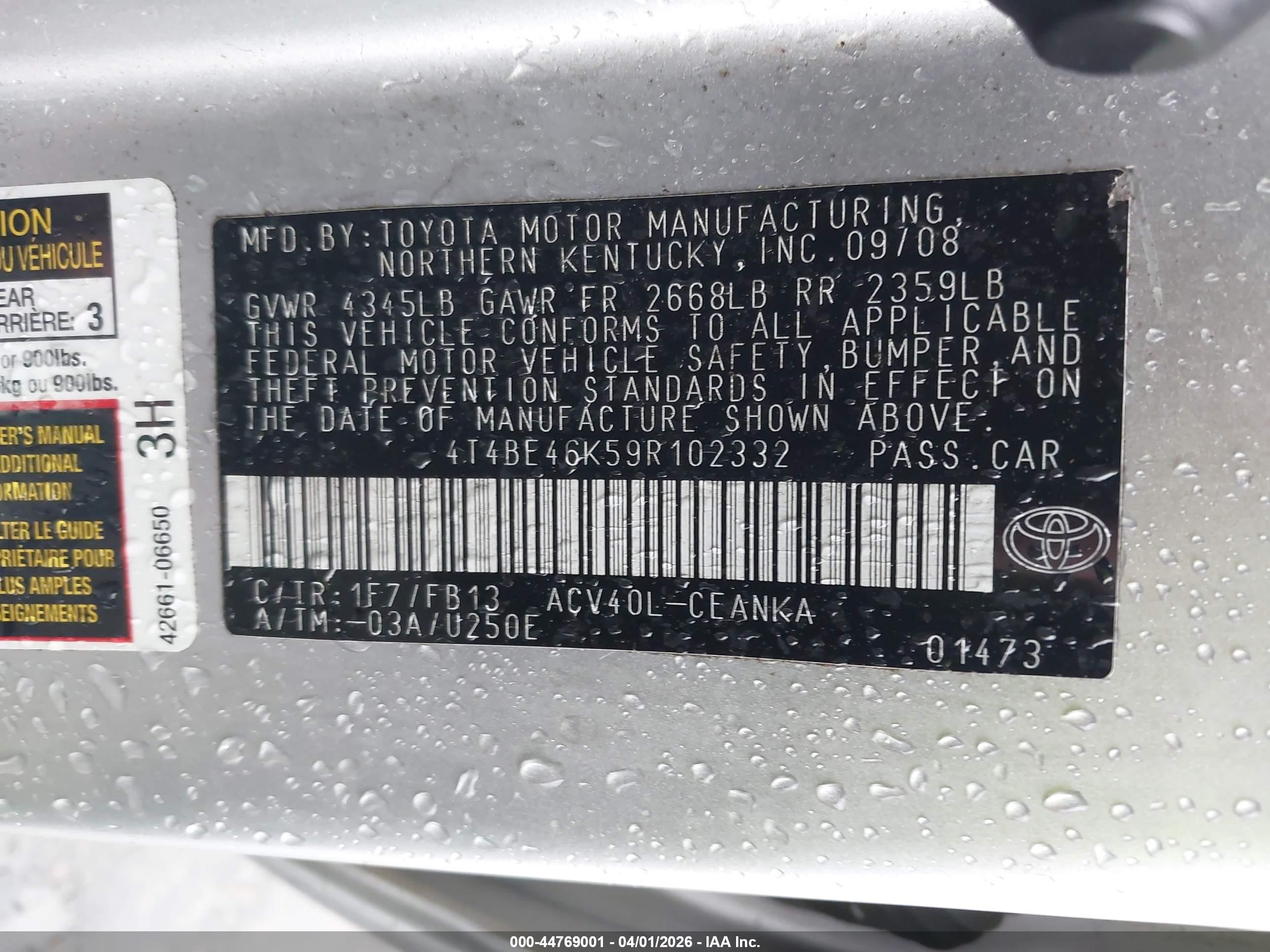 2009 Toyota Camry Le Silver vin: 4T4BE46K59R102332
