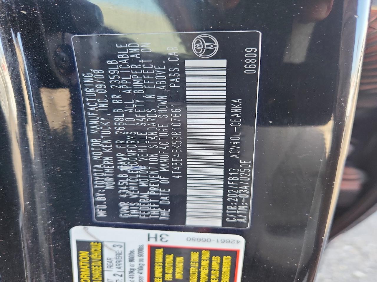 2009 Toyota Camry Base Black vin: 4T4BE46K59R107661