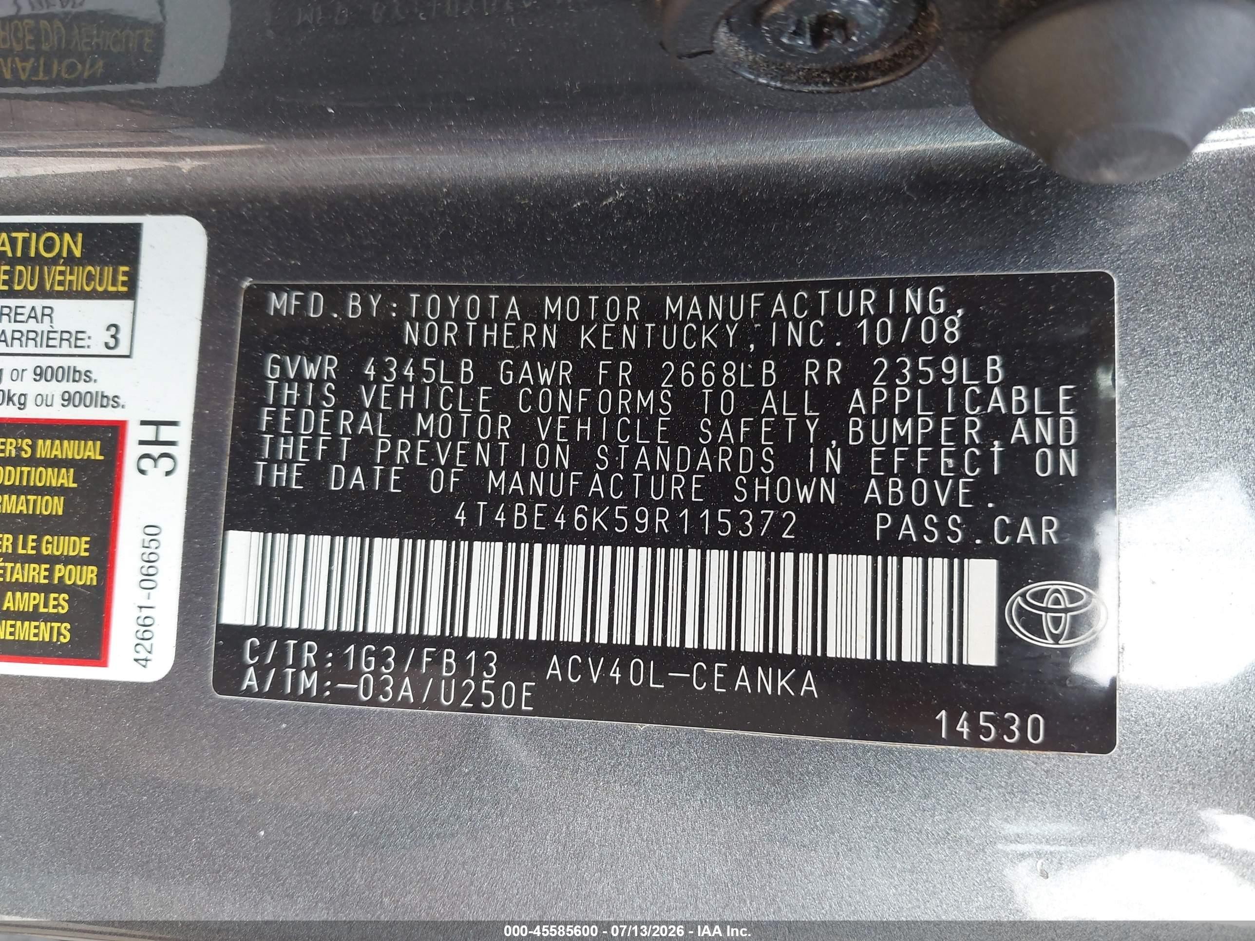 2009 Toyota Camry Le Gray vin: 4T4BE46K59R115372