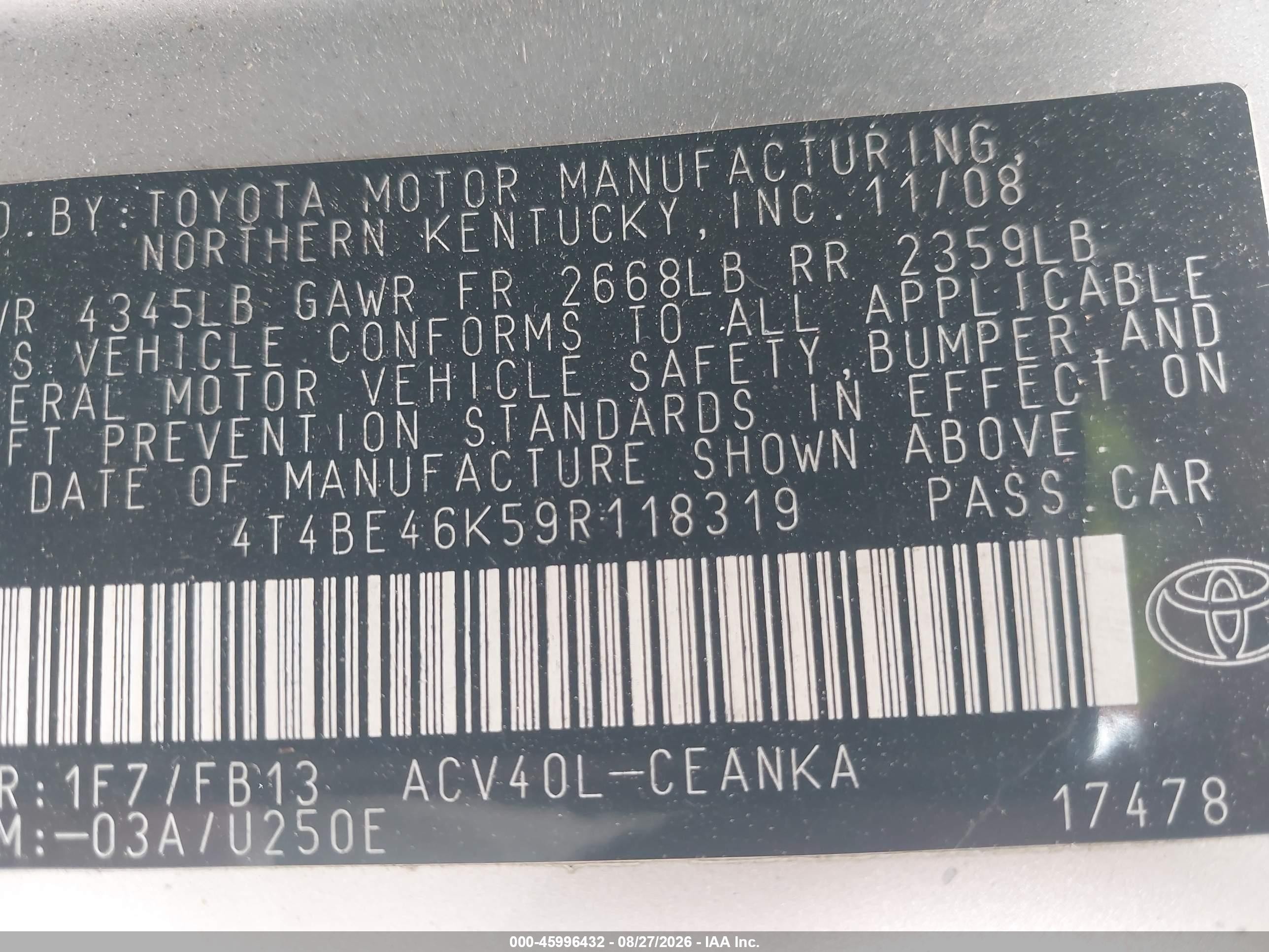 2009 Toyota Camry Le Серебряный vin: 4T4BE46K59R118319