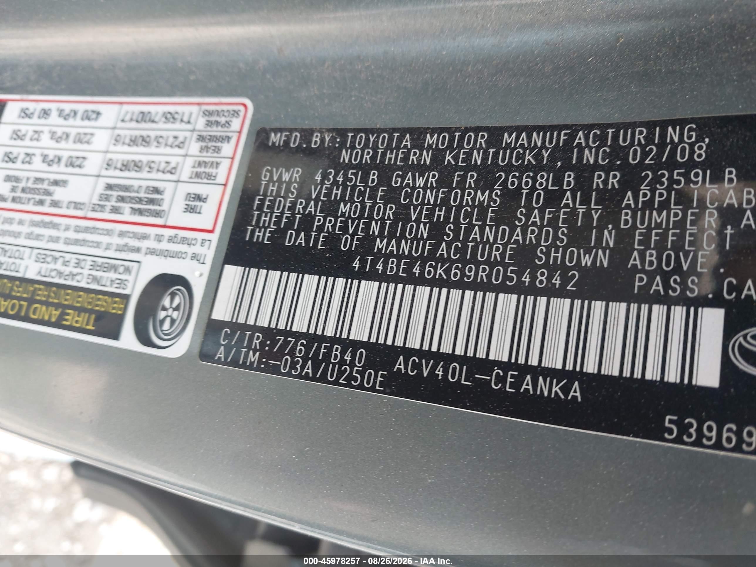 2009 Toyota Camry Le Gray vin: 4T4BE46K69R054842