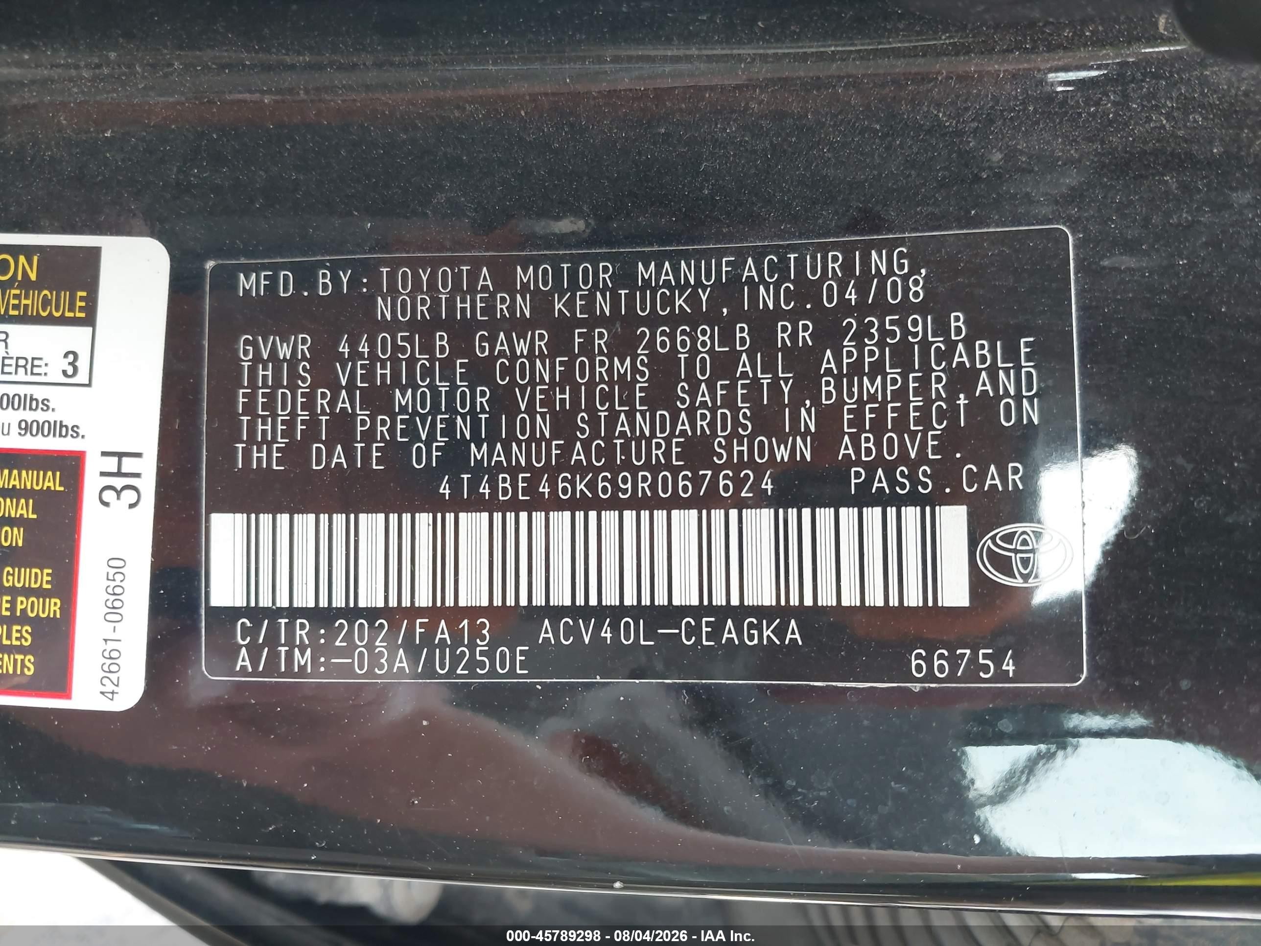 2009 Toyota Camry Xle Черный vin: 4T4BE46K69R067624
