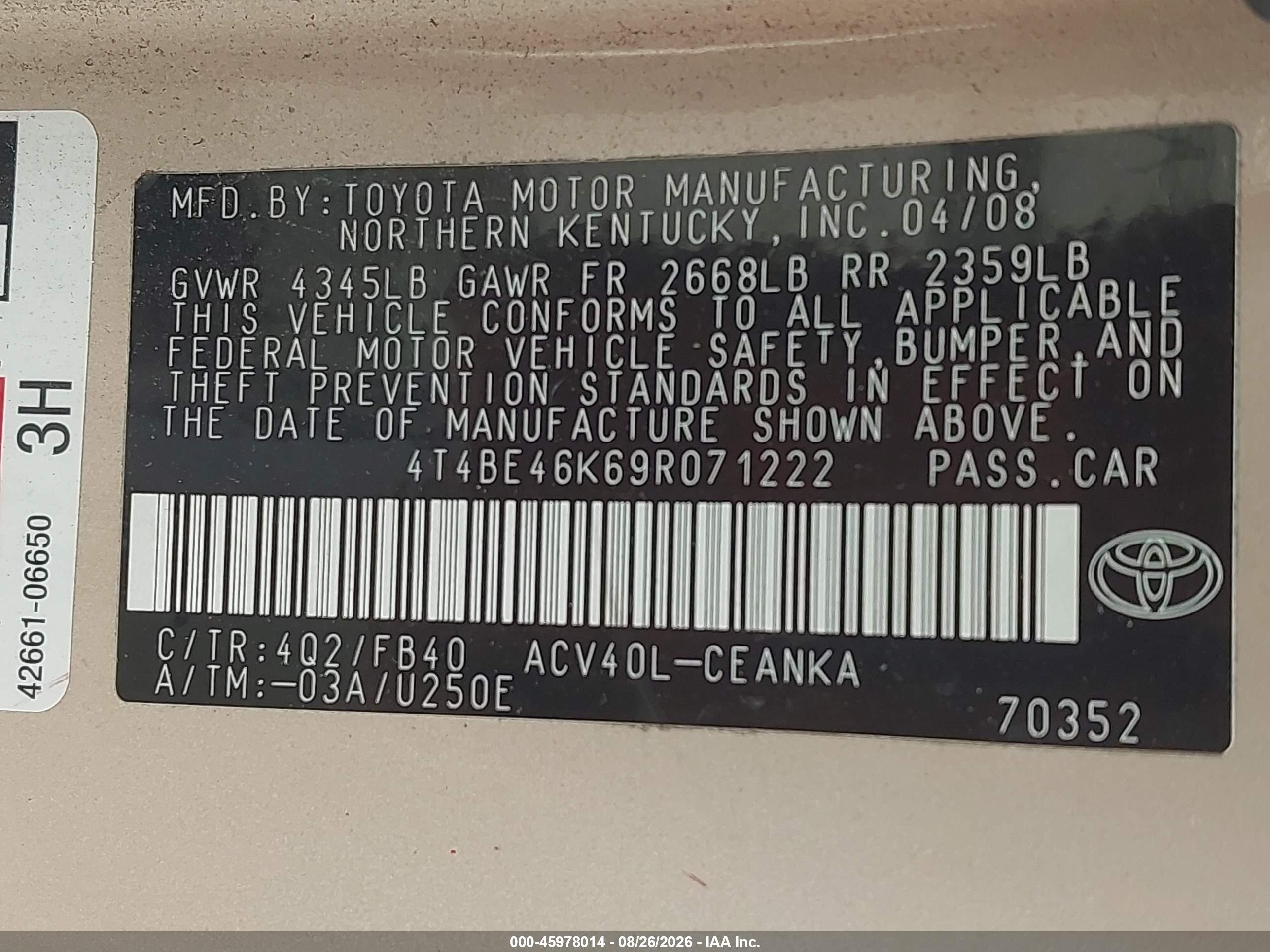 2009 Toyota Camry Le Beige vin: 4T4BE46K69R071222