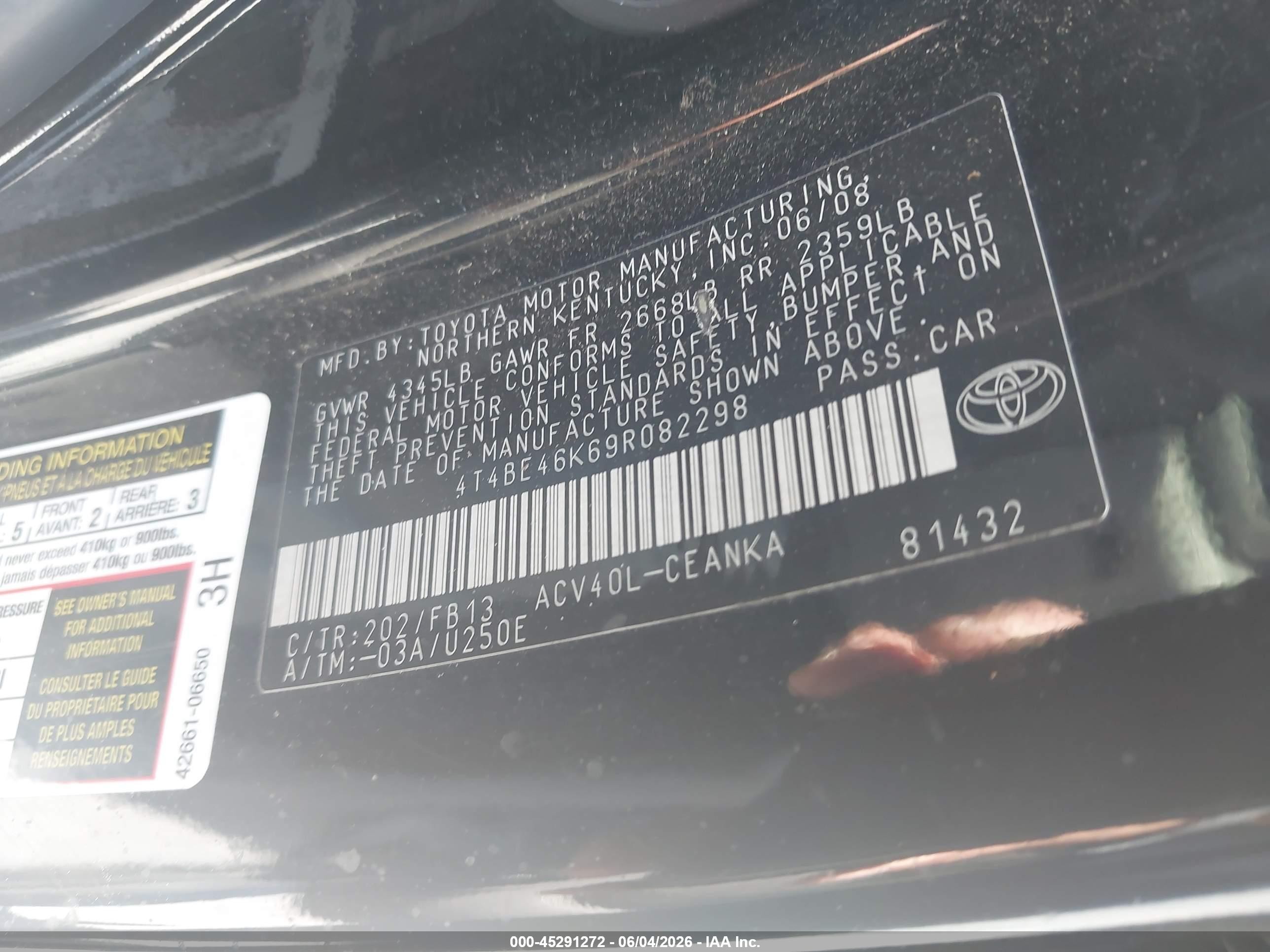 2009 Toyota Camry Le Black vin: 4T4BE46K69R082298