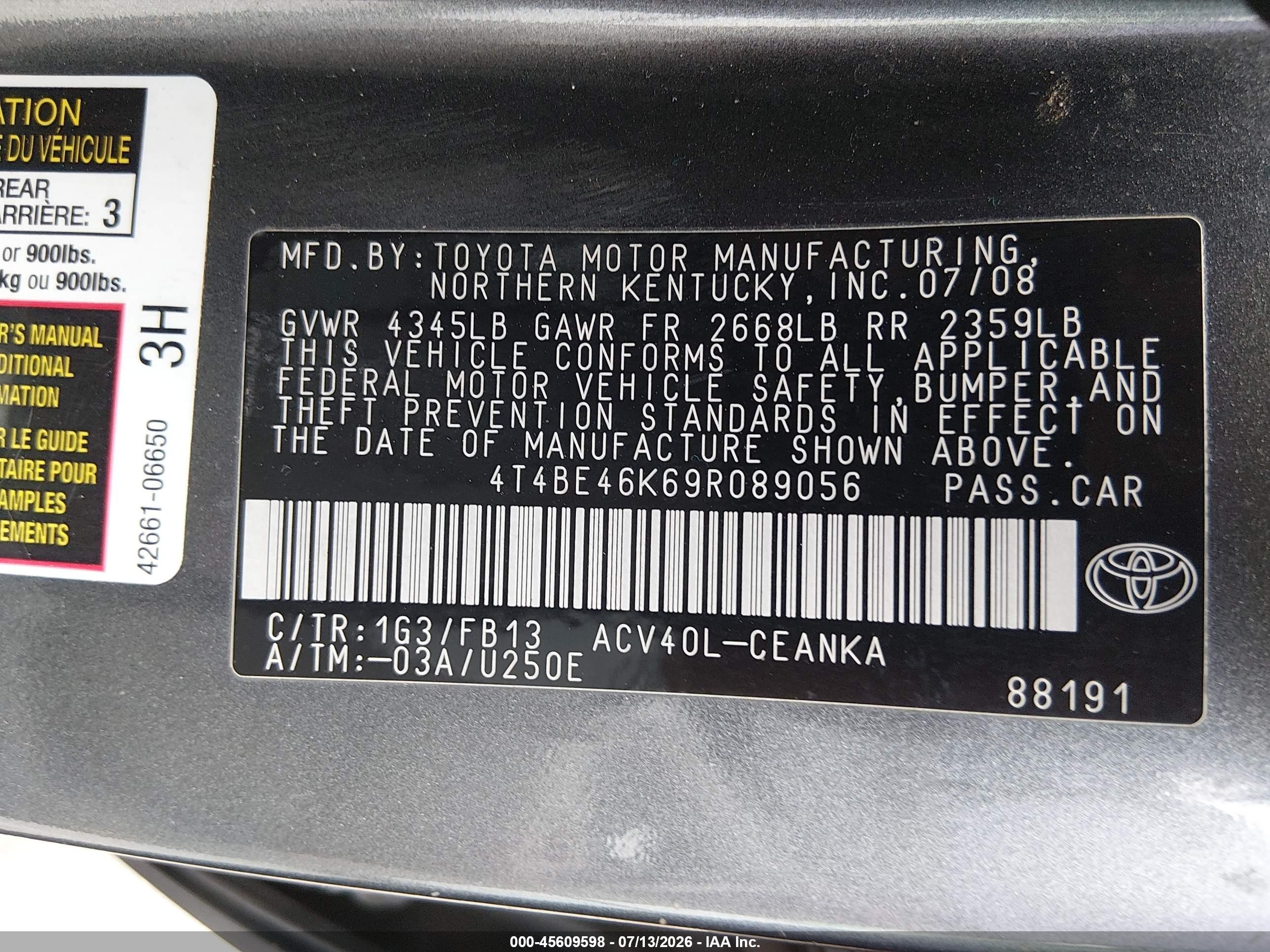 2009 Toyota Camry Le Gray vin: 4T4BE46K69R089056