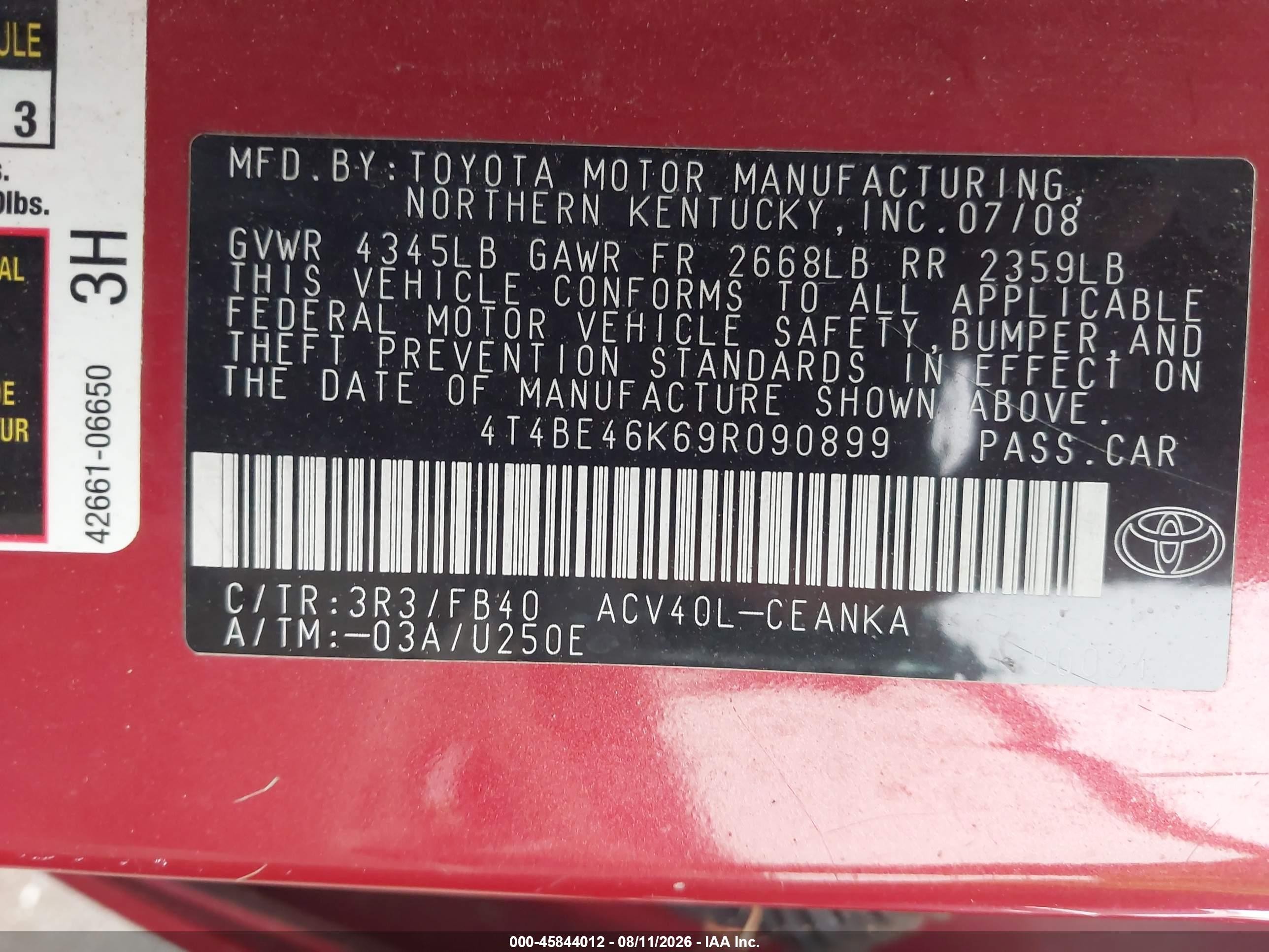 2009 Toyota Camry Le Red vin: 4T4BE46K69R090899