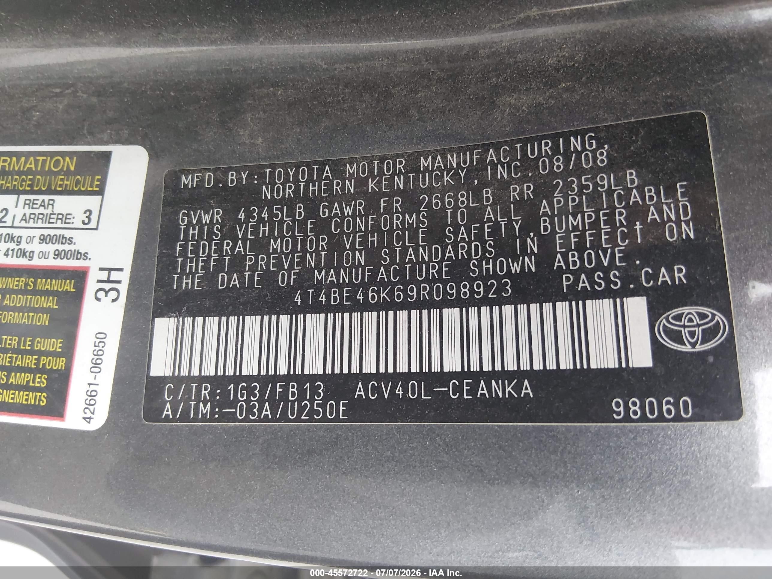2009 Toyota Camry Le Gray vin: 4T4BE46K69R098923