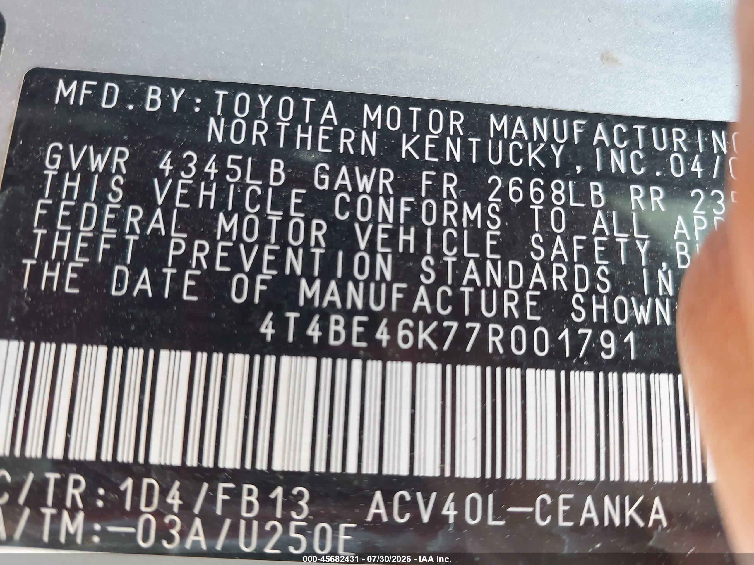2007 Toyota Camry Le Gray vin: 4T4BE46K77R001791