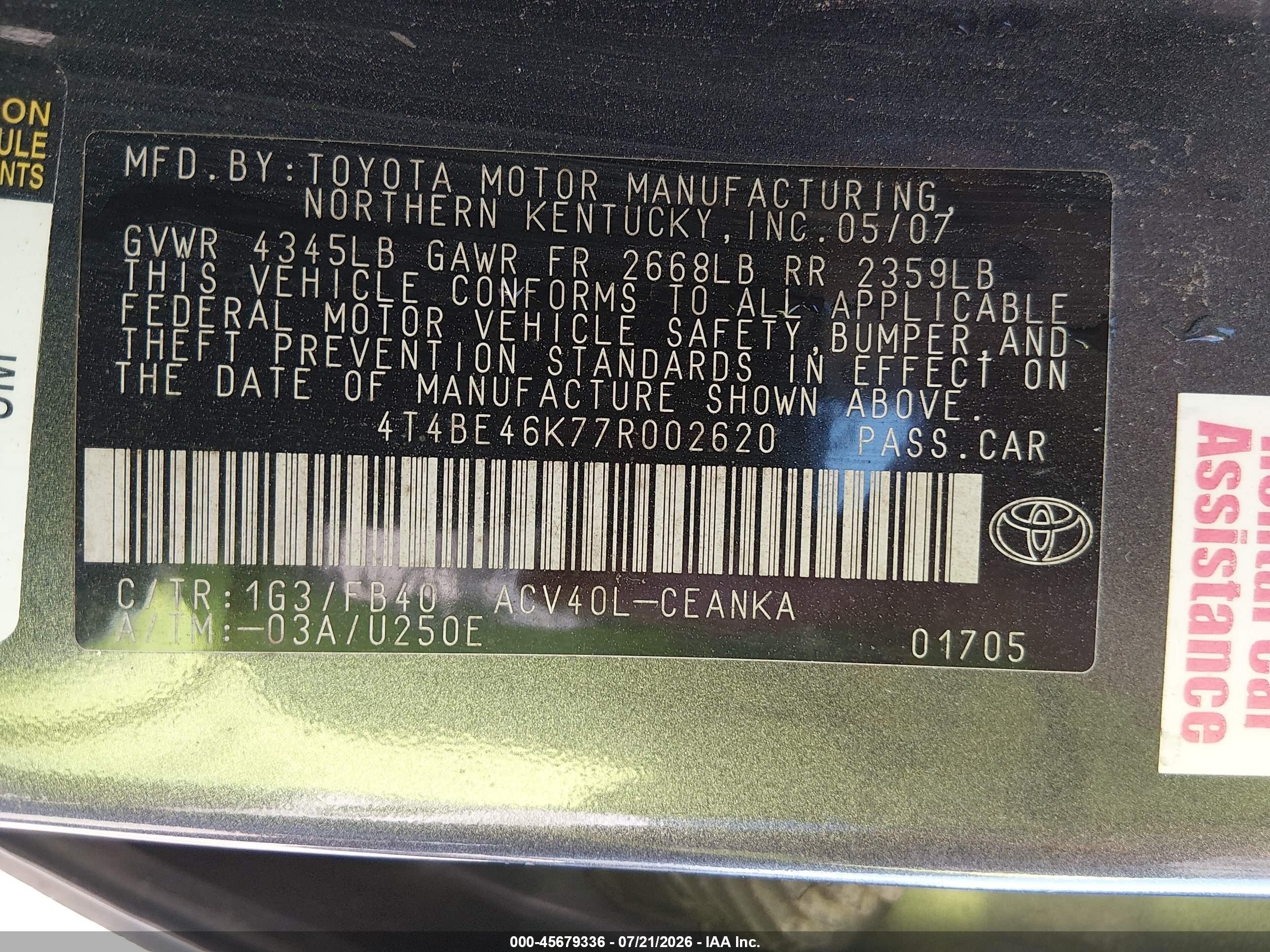 2007 Toyota Camry Le Gray vin: 4T4BE46K77R002620
